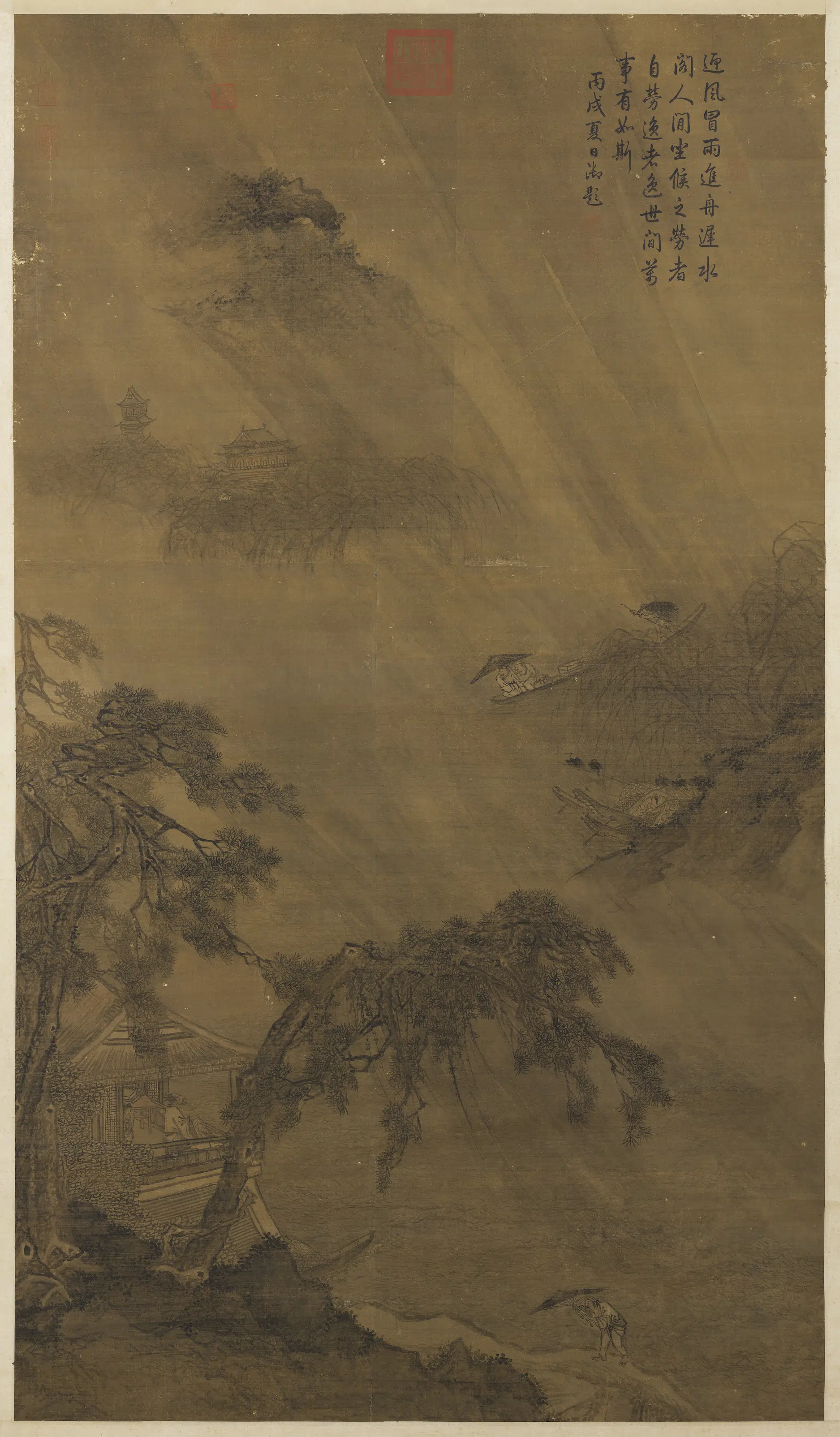 元代《元人风雨归舟图轴》