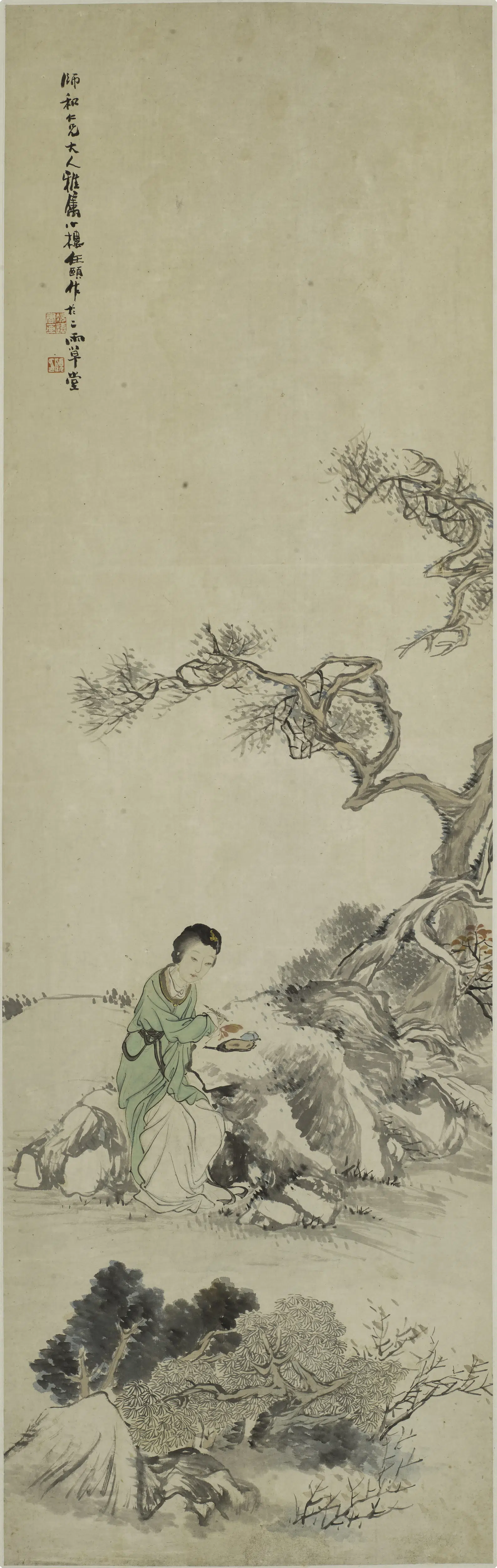清代【任伯年（任颐）】《红叶题诗图轴》