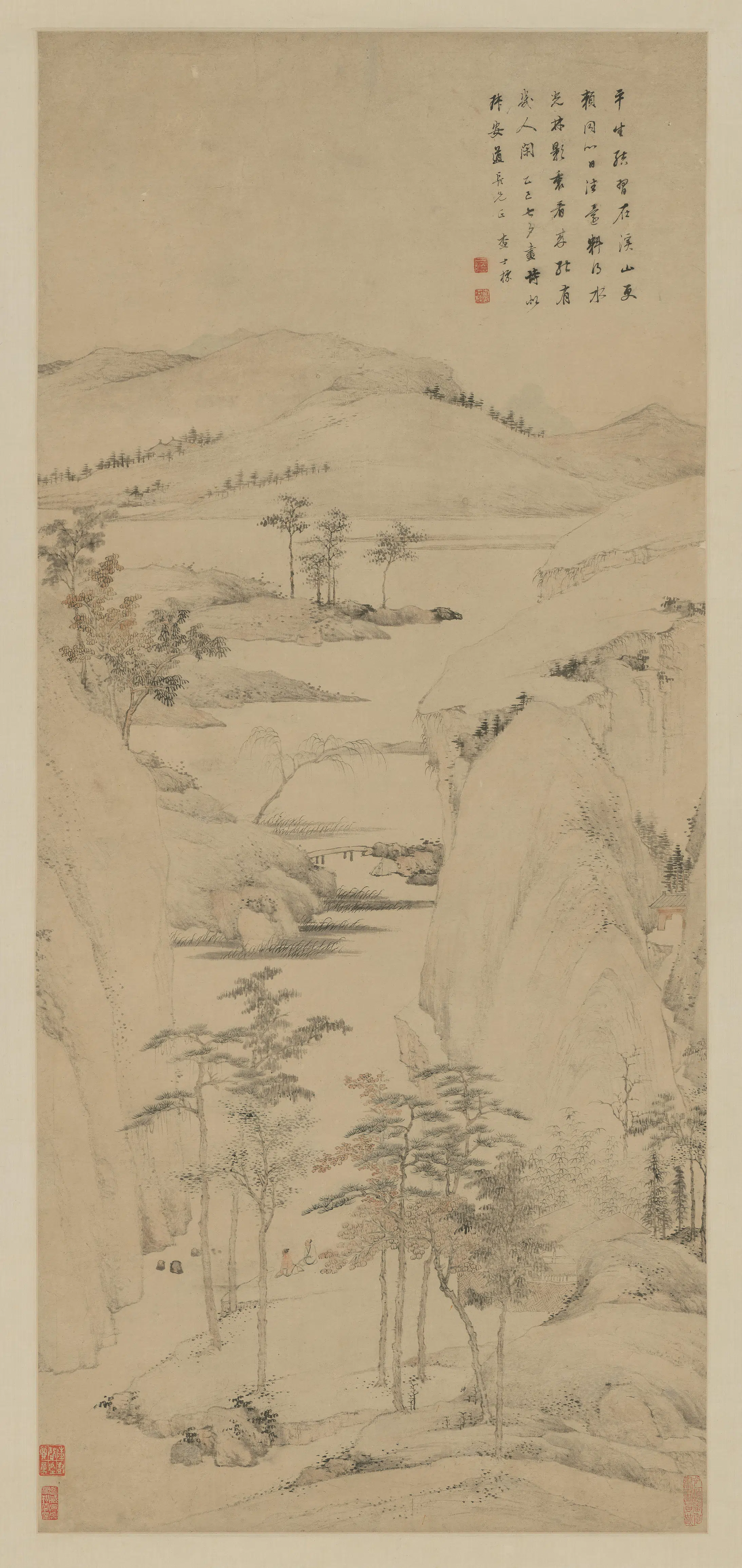 清代【查士标】《秋林远岫图轴》