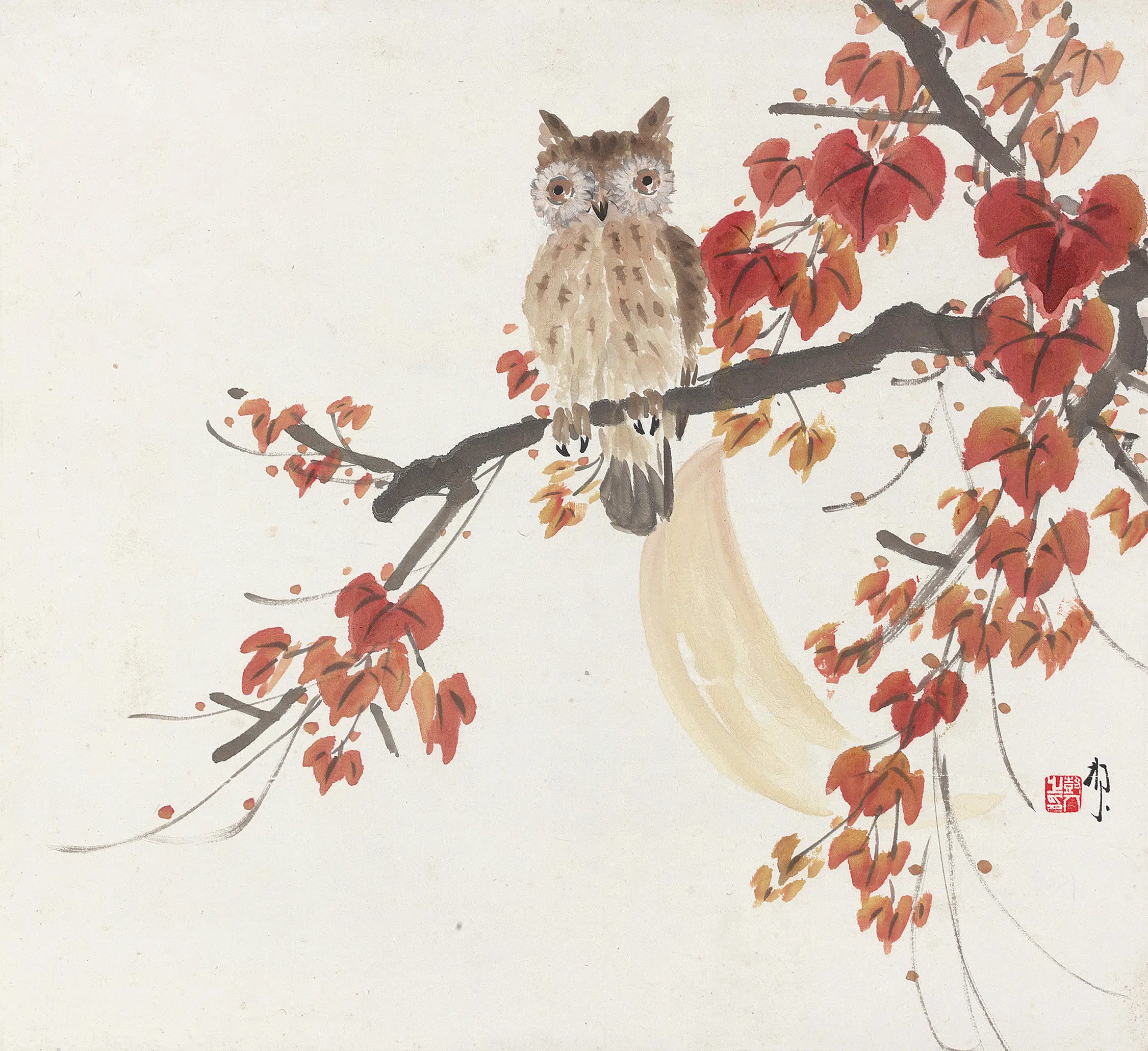 近代【陈树人】《猫头鹰轴》