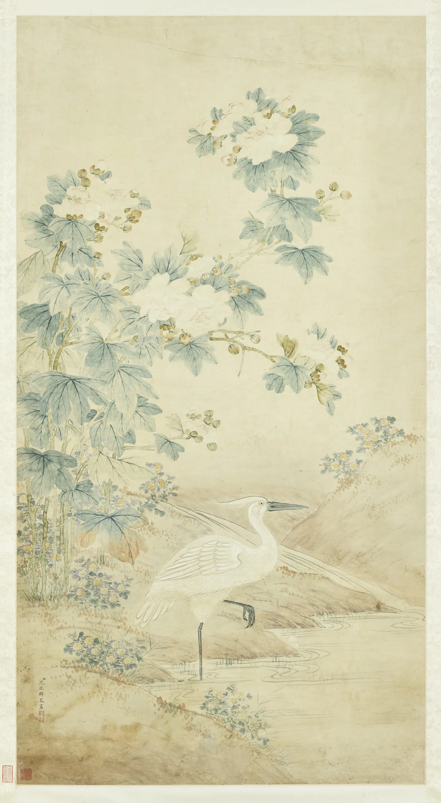 清朝【沈振麟】《蓉塘立鹭图轴》