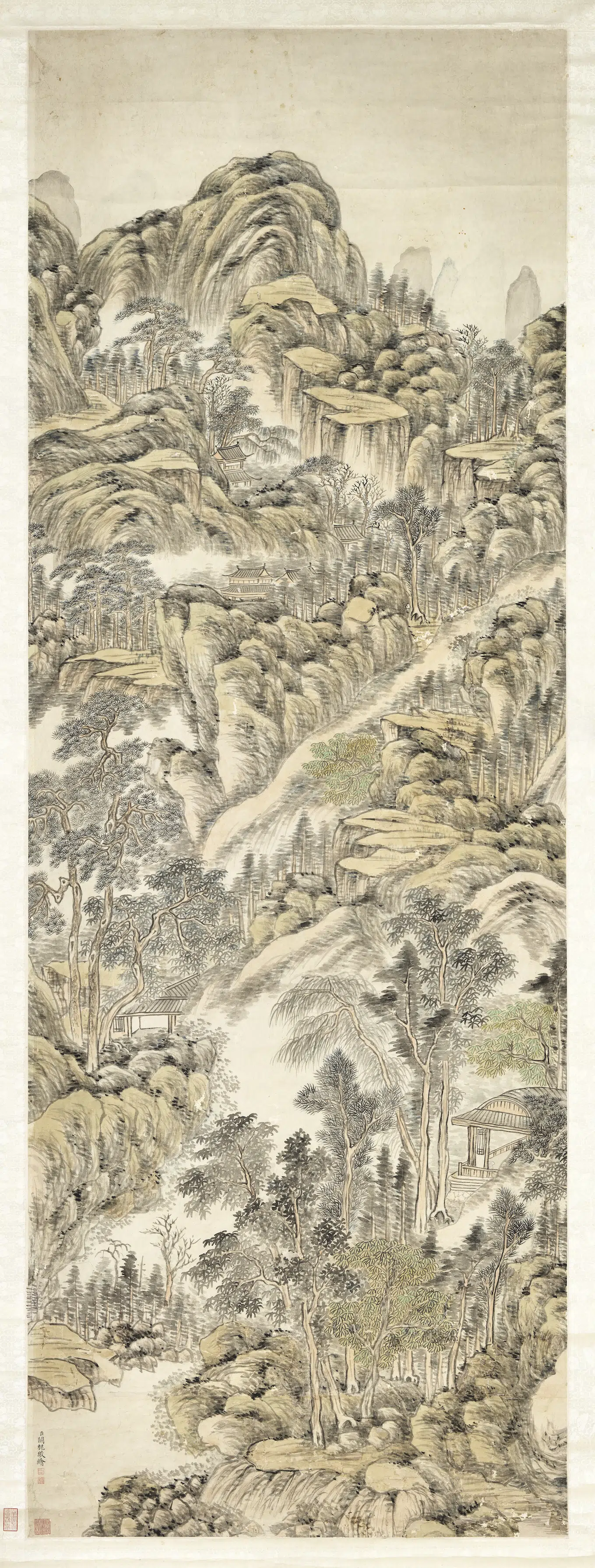 清代【关槐】《丛山古剎图轴》
