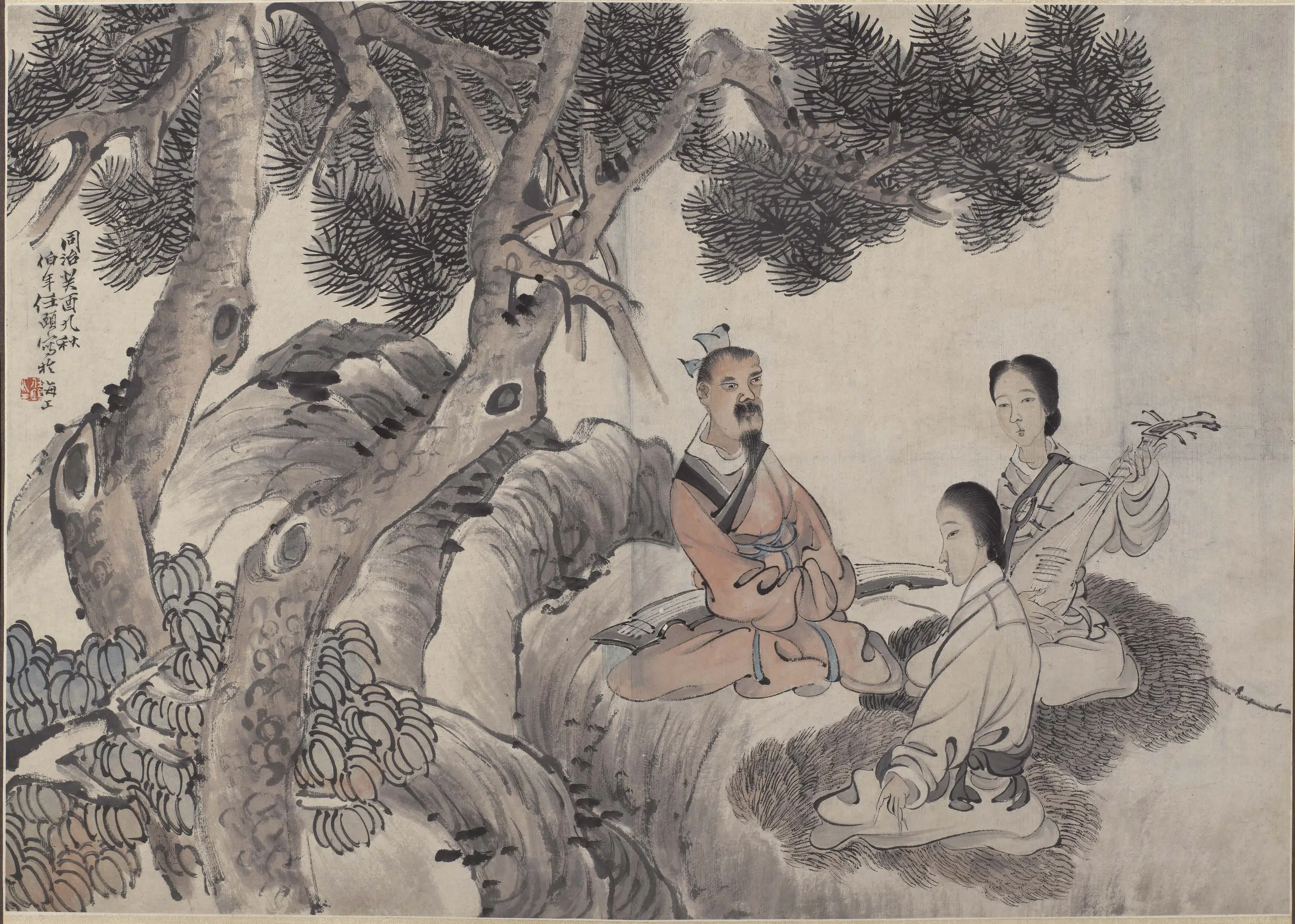 清代【任伯年（任颐）】《东山丝竹图轴》