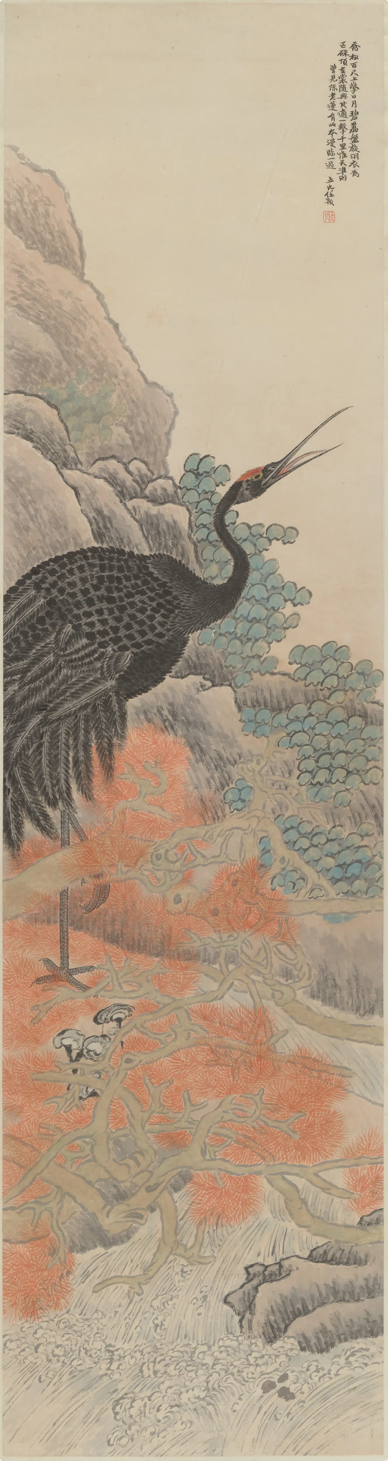 清代【任预】《红松玄鹤图轴》