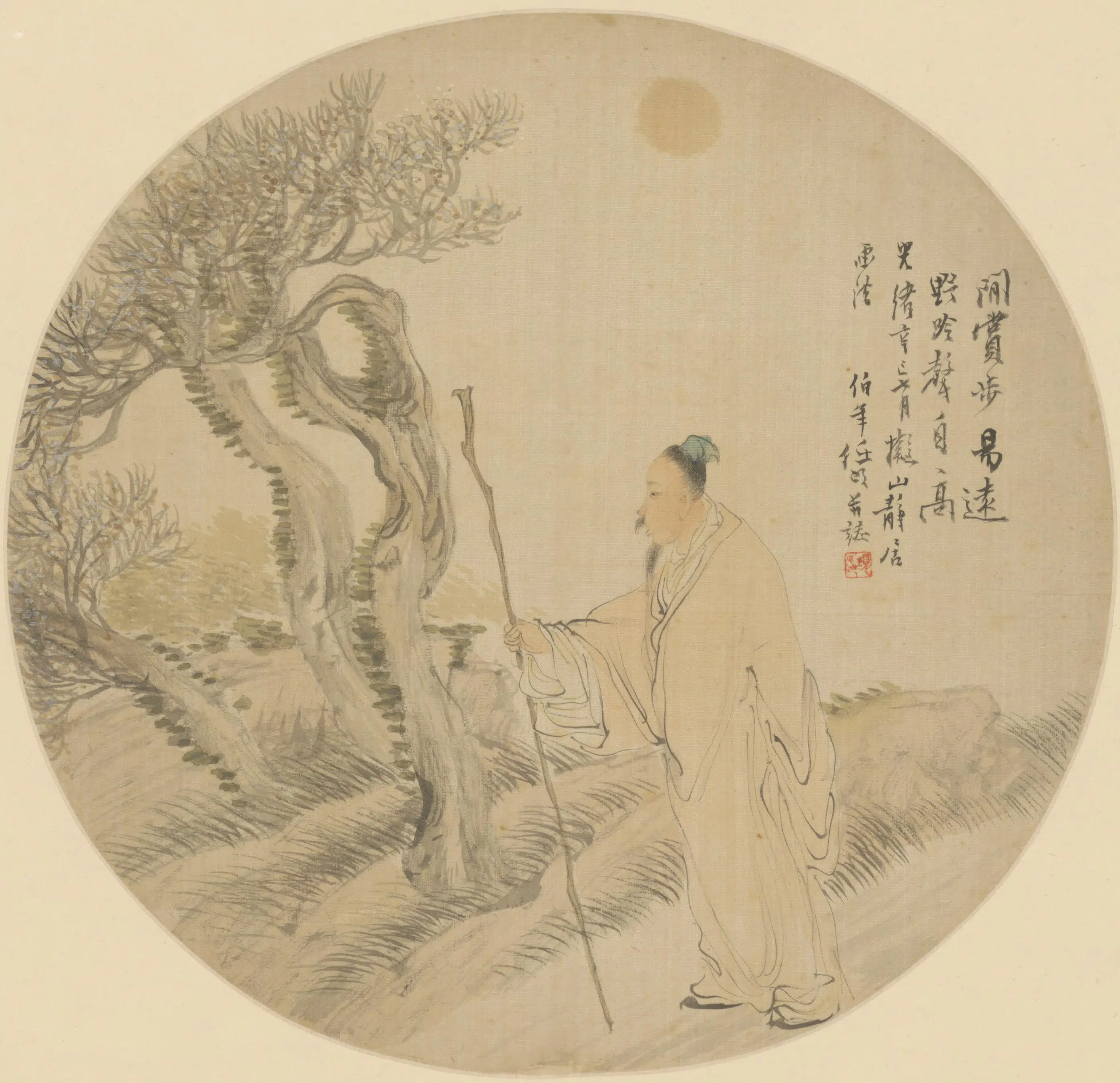 清代【任颐】《闲步野吟图团扇》
