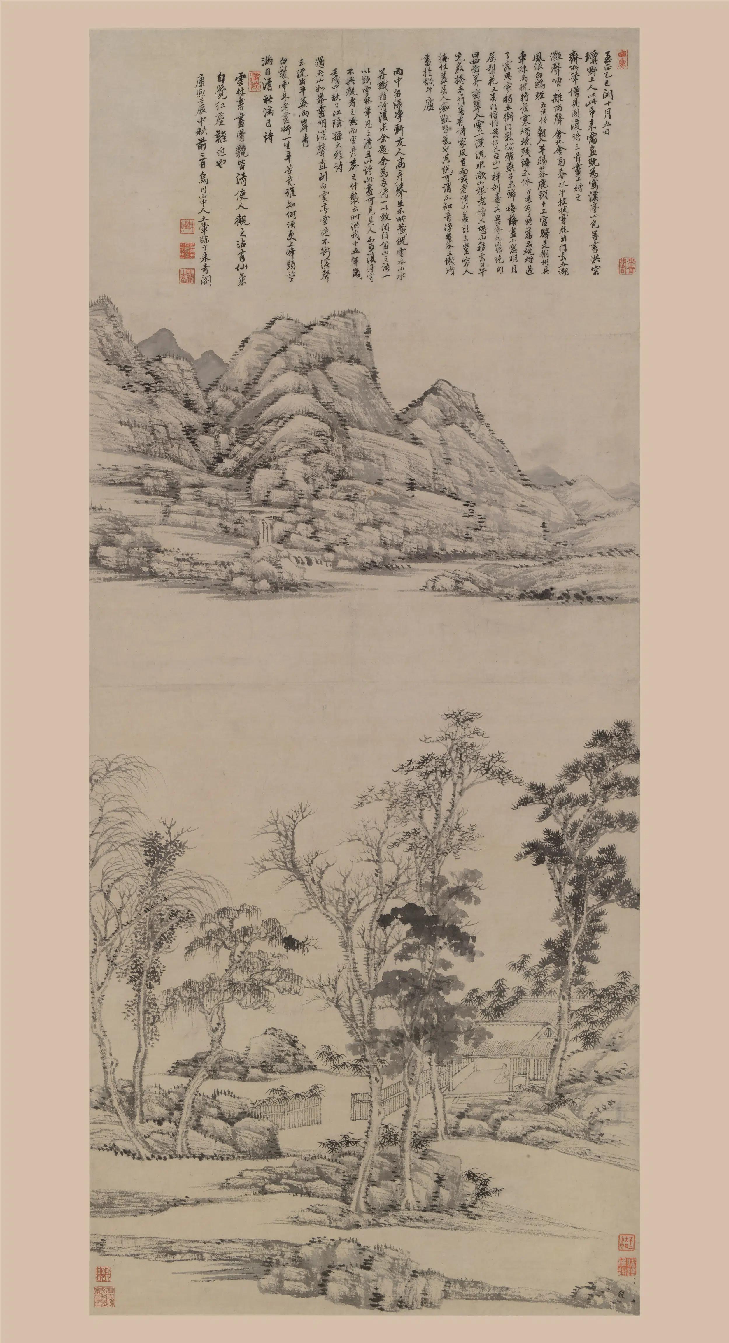 清代【王翚】《临倪瓒溪亭山色图轴》