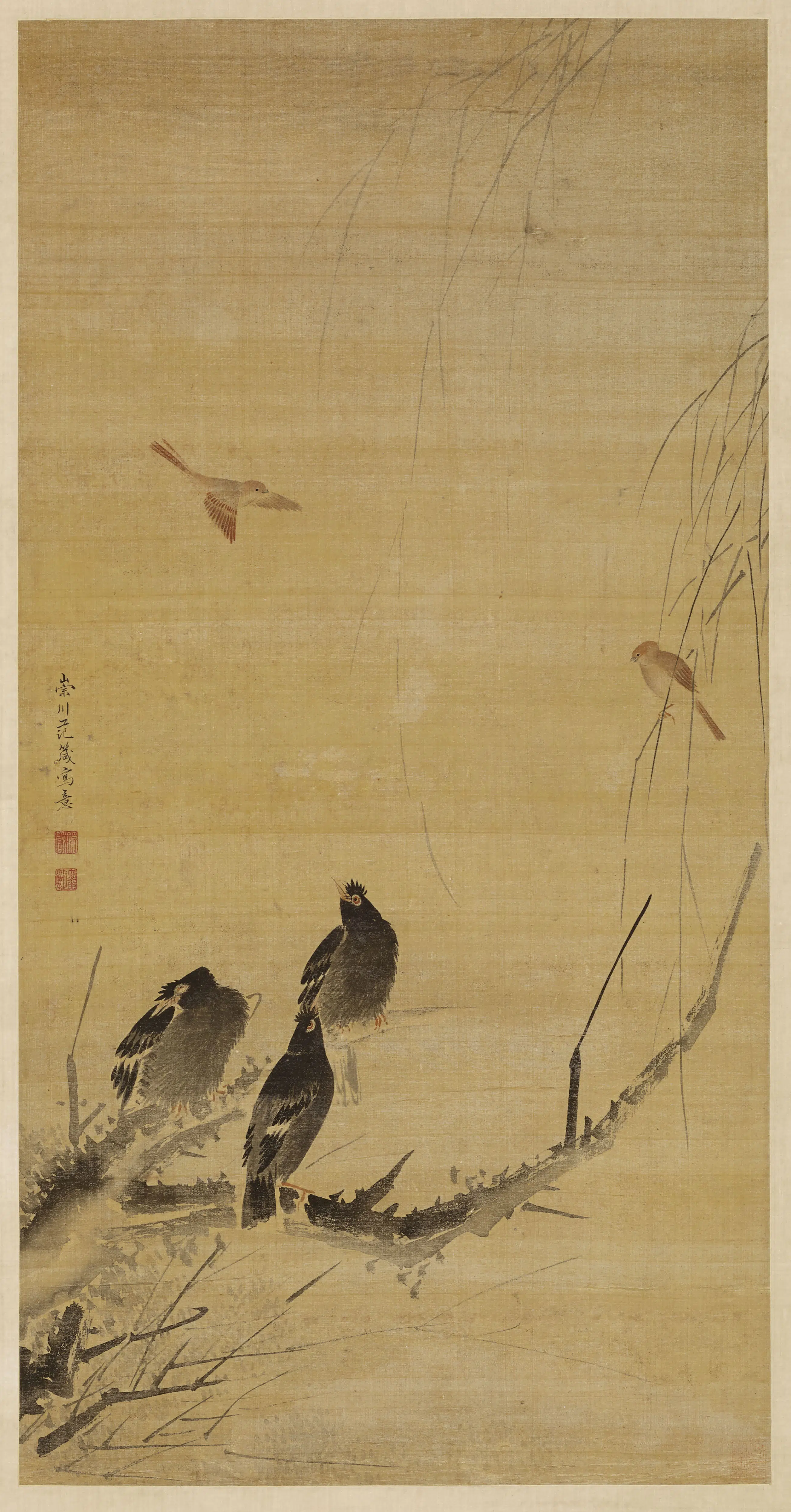 明清【范箴】《柳塘鸜鹆图轴》