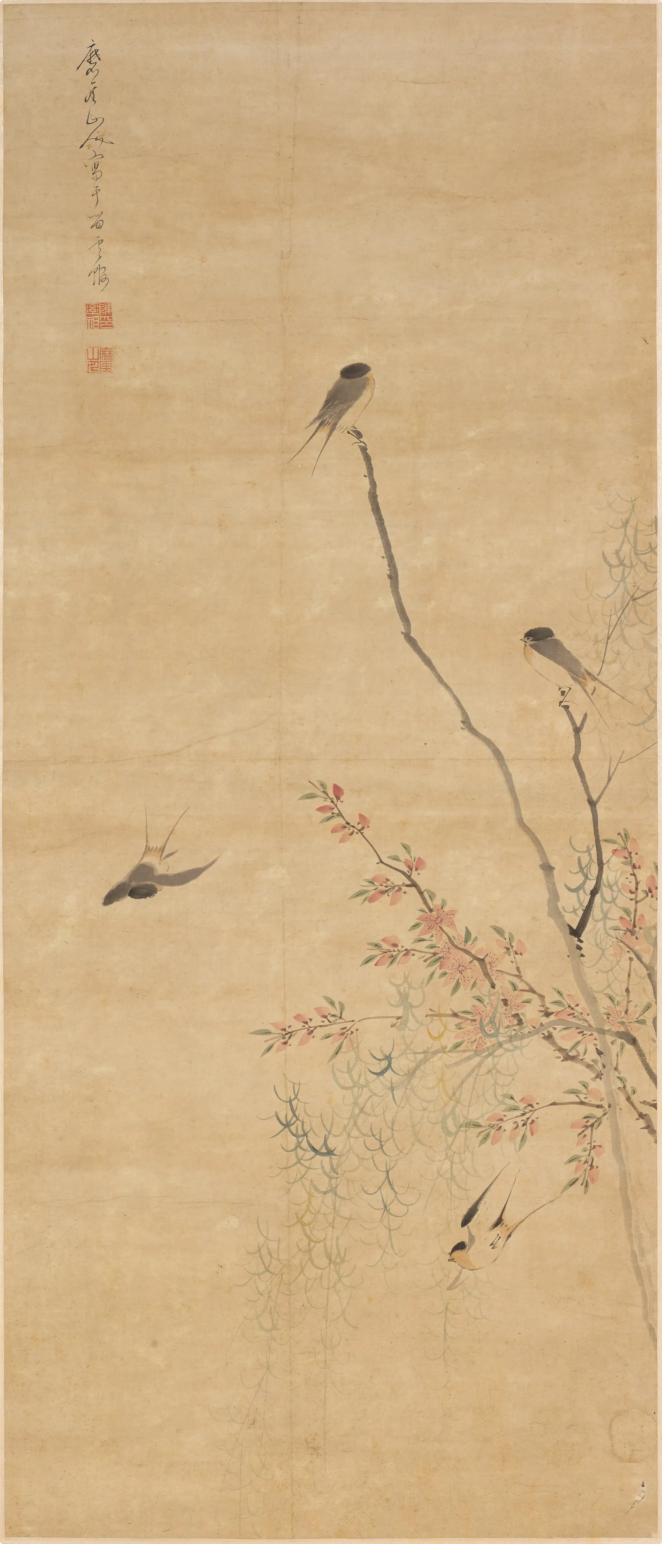 清代【陈率祖】《桃柳春燕图轴》