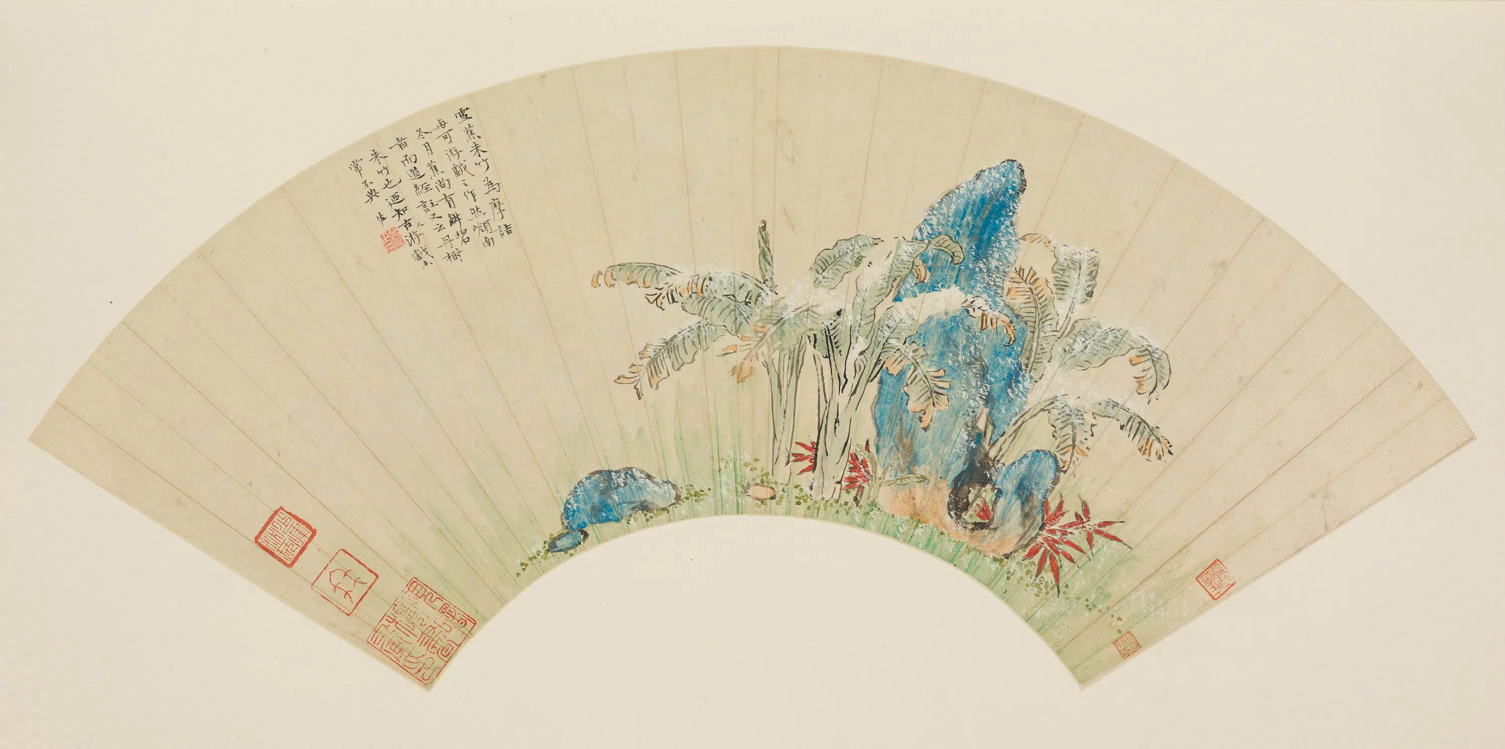 明朝【赵左】《雪蕉朱竹图扇页》