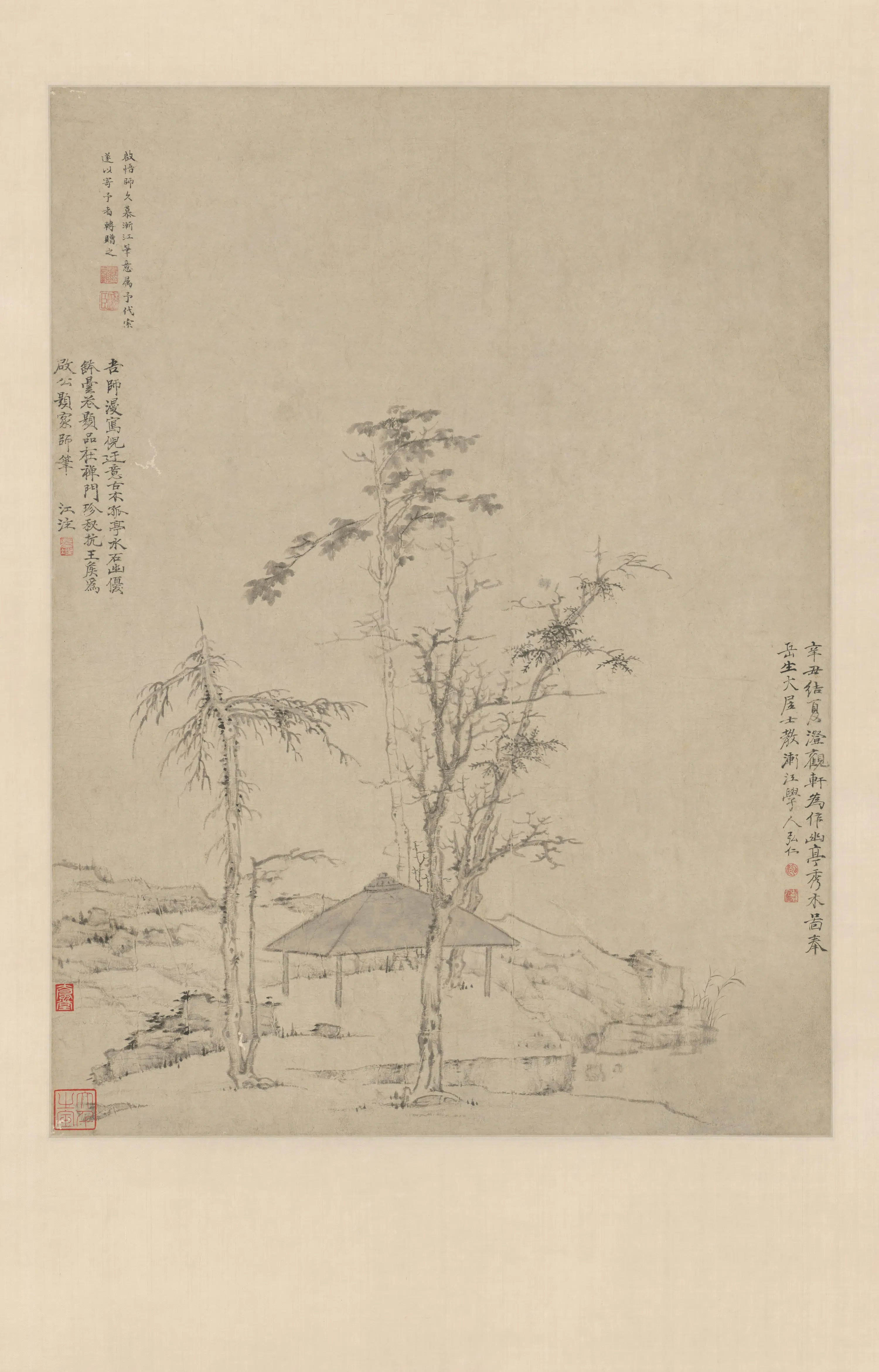 清代【弘仁】《幽亭秀木图轴》