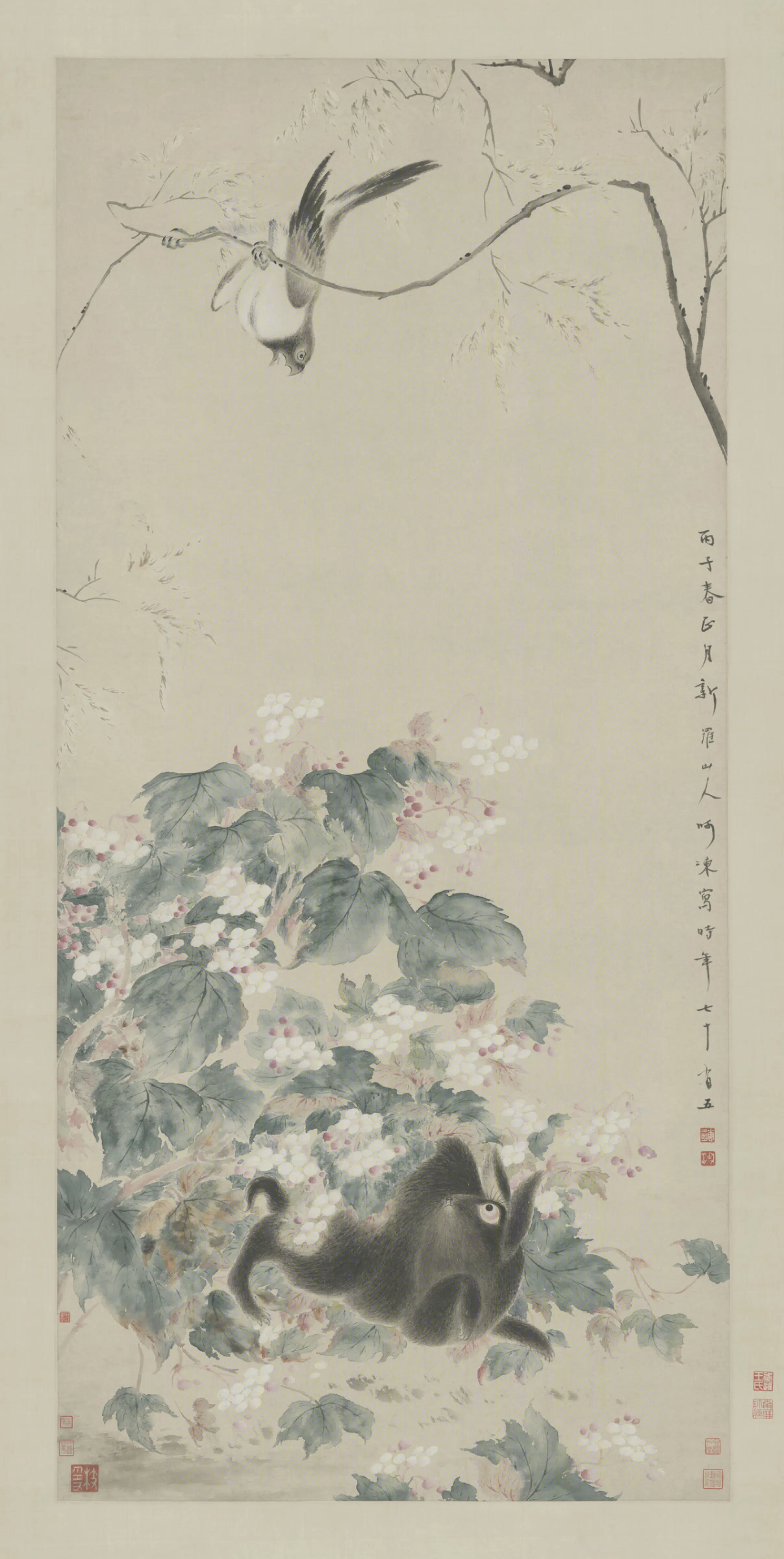 清代【华喦】《海棠禽兔轴》