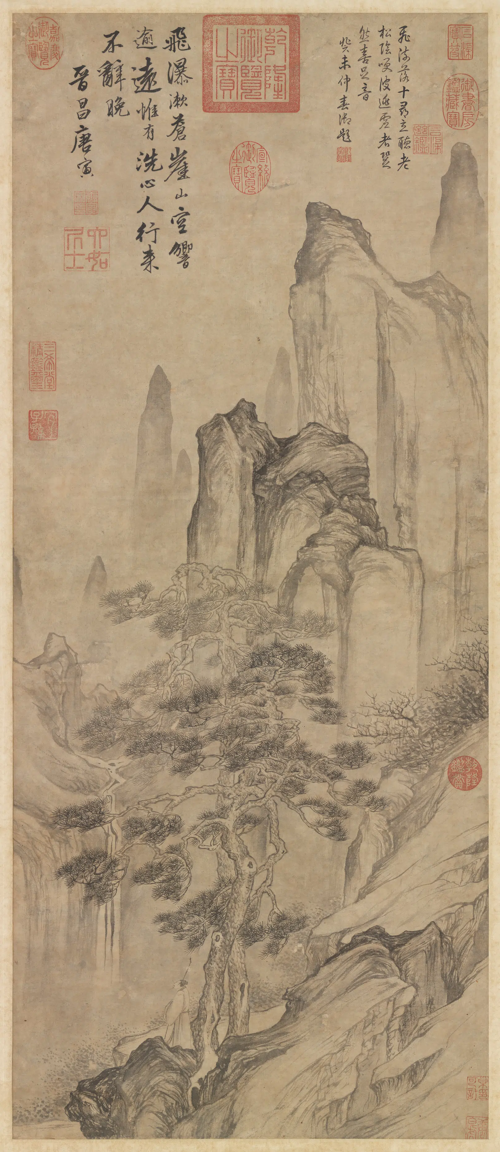 明朝【唐寅】《空山观瀑图轴》