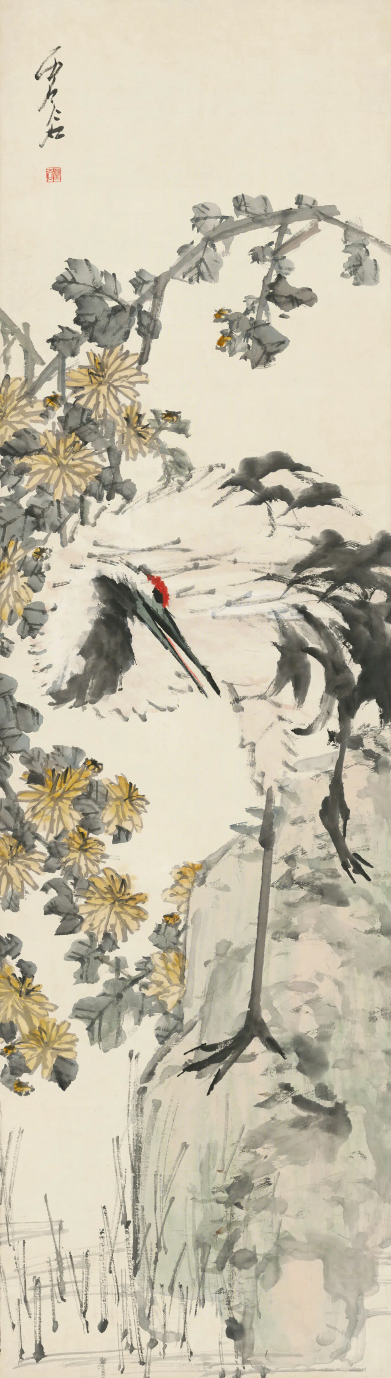 清代【虚谷】《菊鹤图轴》