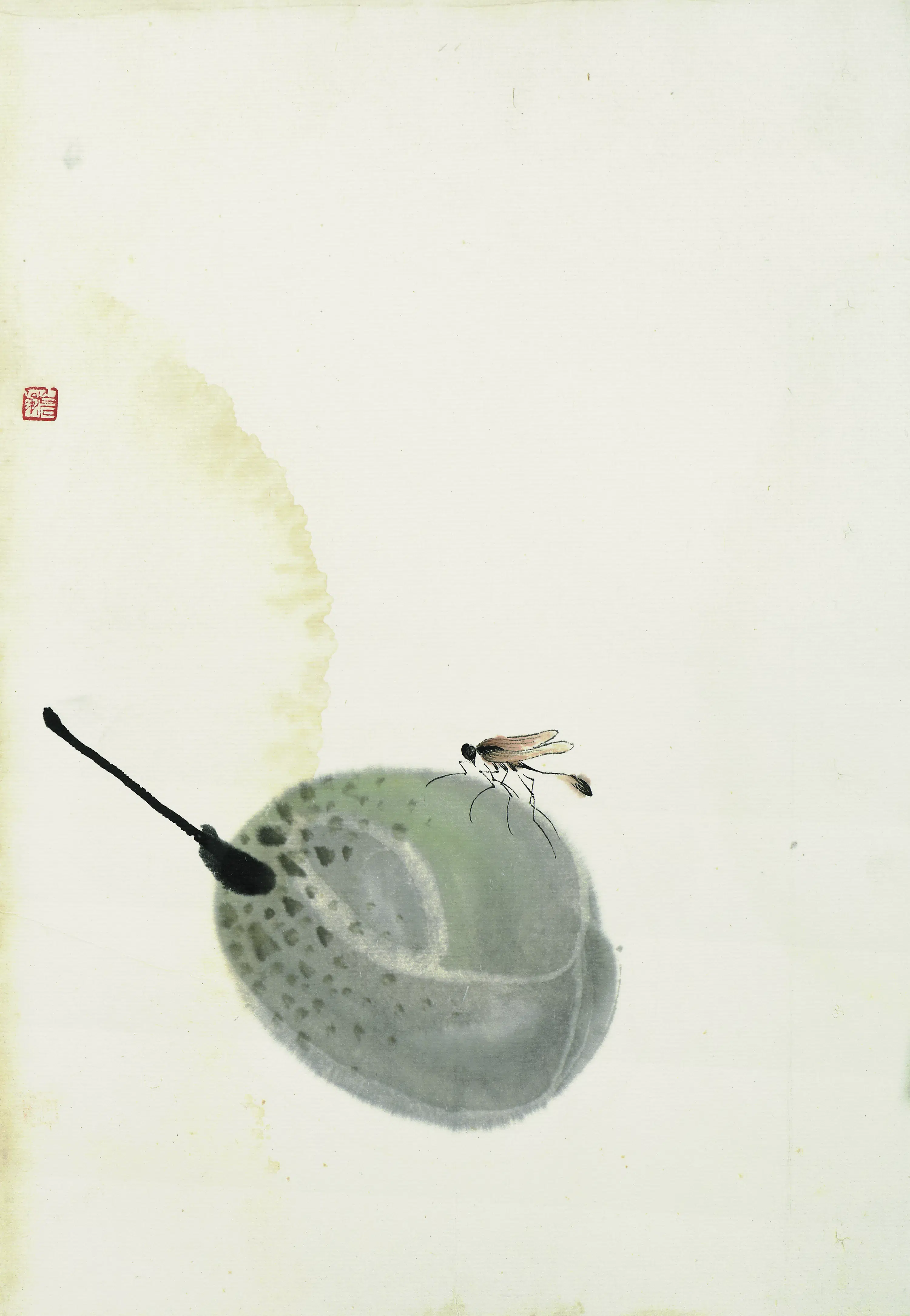近现代【齐白石】《叶隐闻声-花卉工笔草虫册-莲蓬蝇虫》