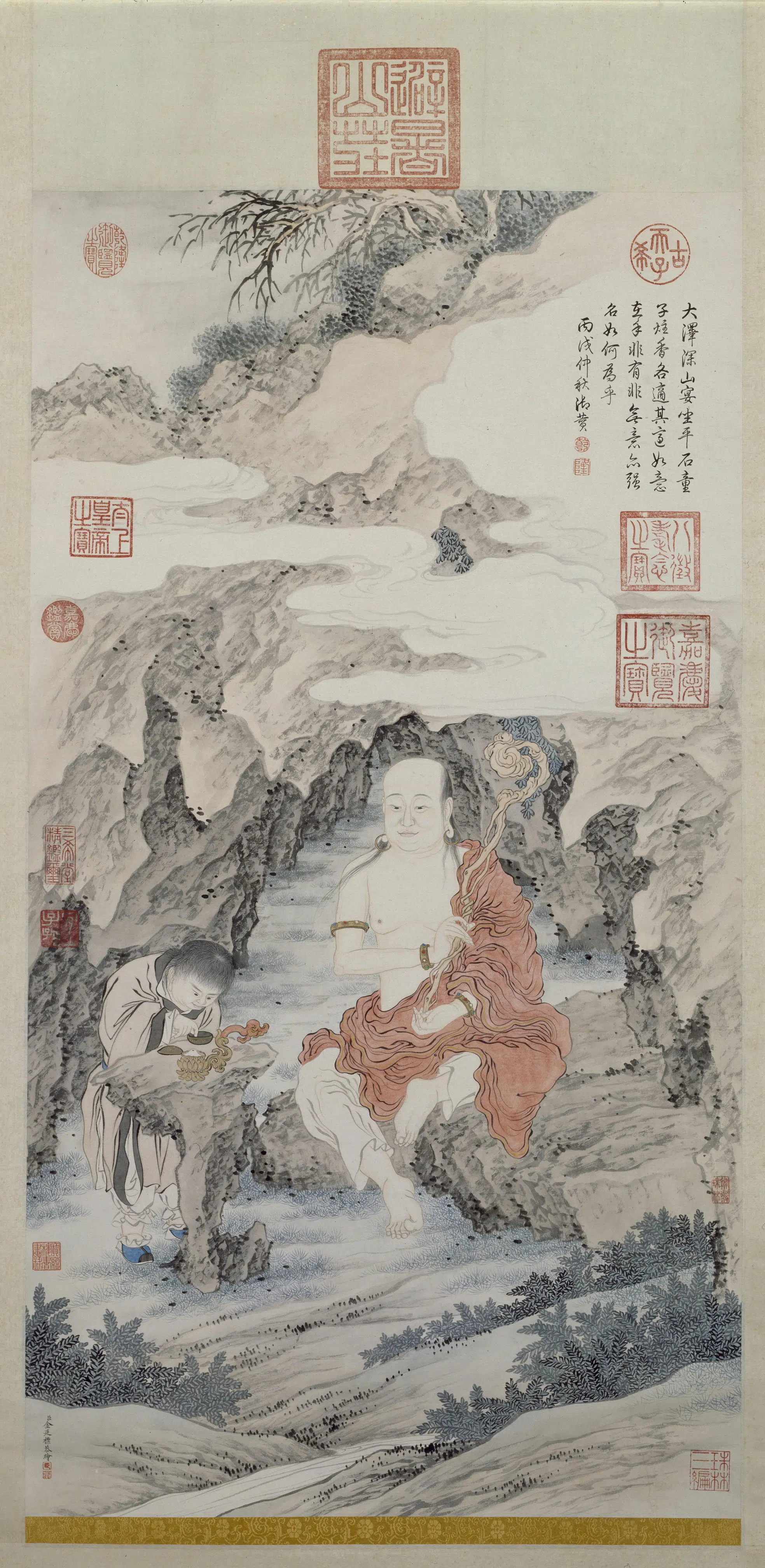 清代【金廷标】《岩居罗汉像轴》