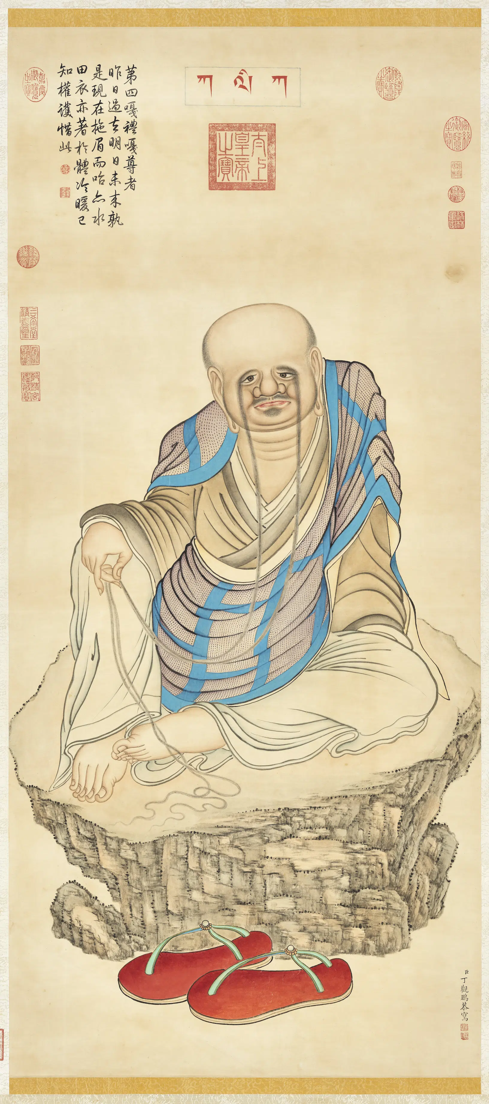 清代【丁观鹏】《十六罗汉像（四）第四嘎礼嘎尊者图轴》