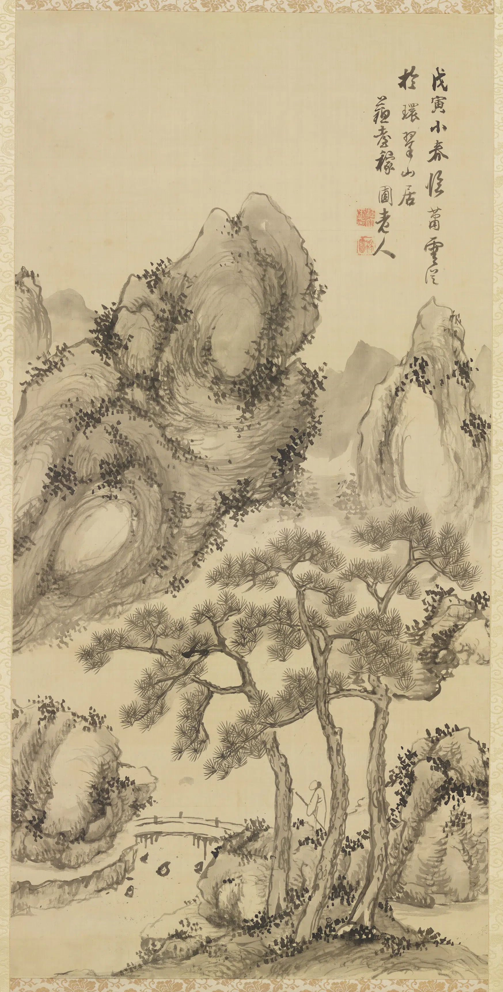 清代【江稼圃（江大来）】《临萧云从山水图轴》