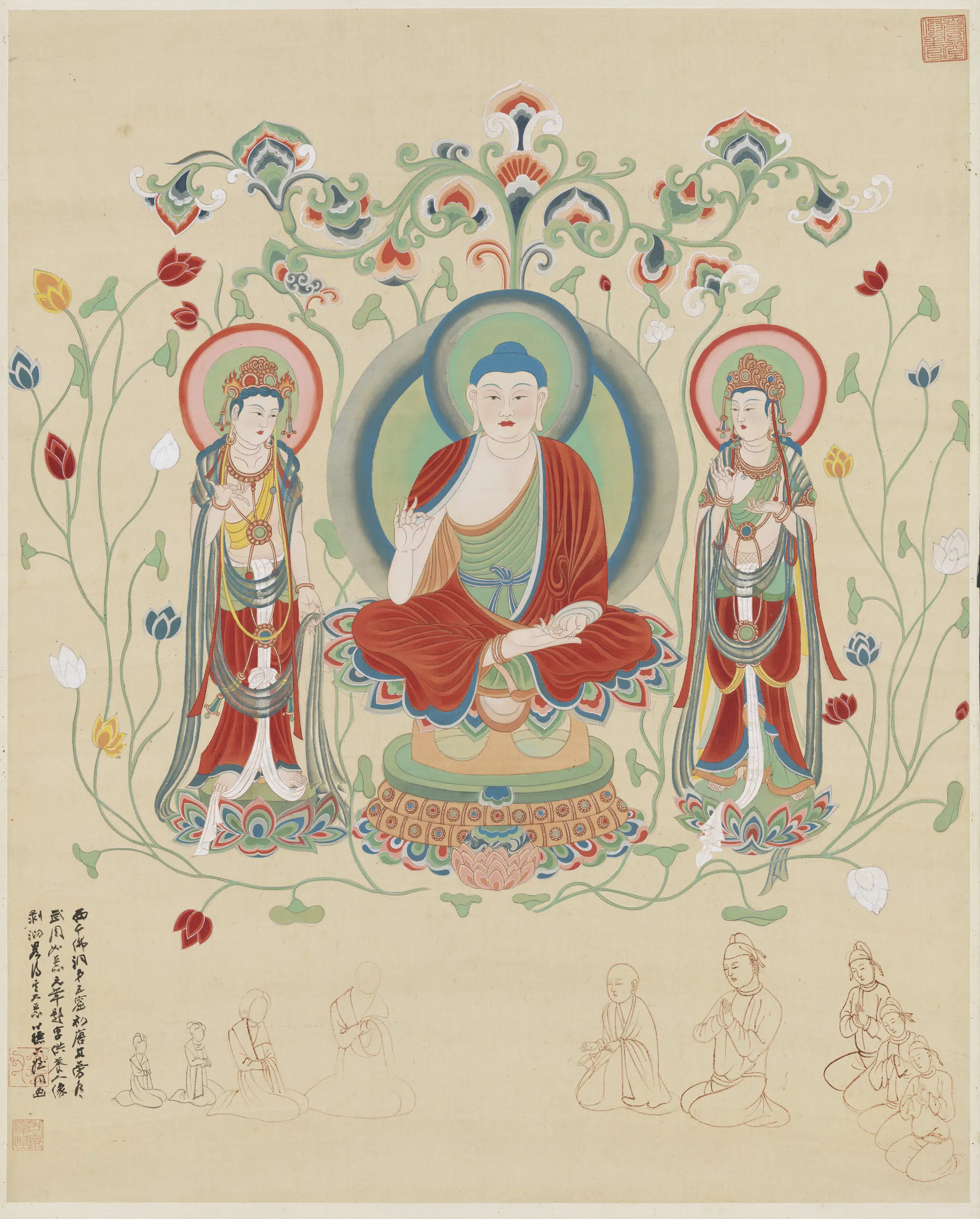 近现代【张大千】《张心德摹敦煌西千佛洞第十一窟释迦说法图轴》