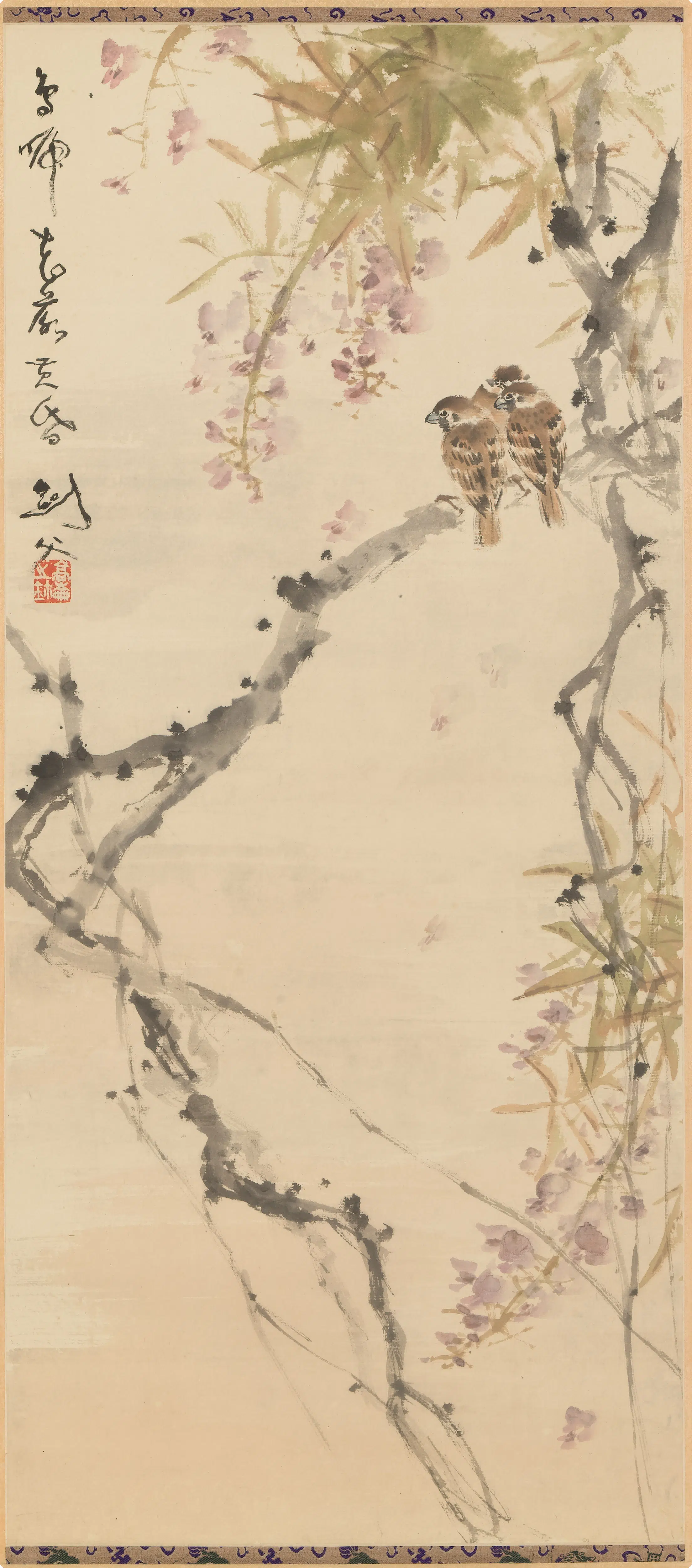近现代【高剑父】《鸟啼花落黄昏图轴》