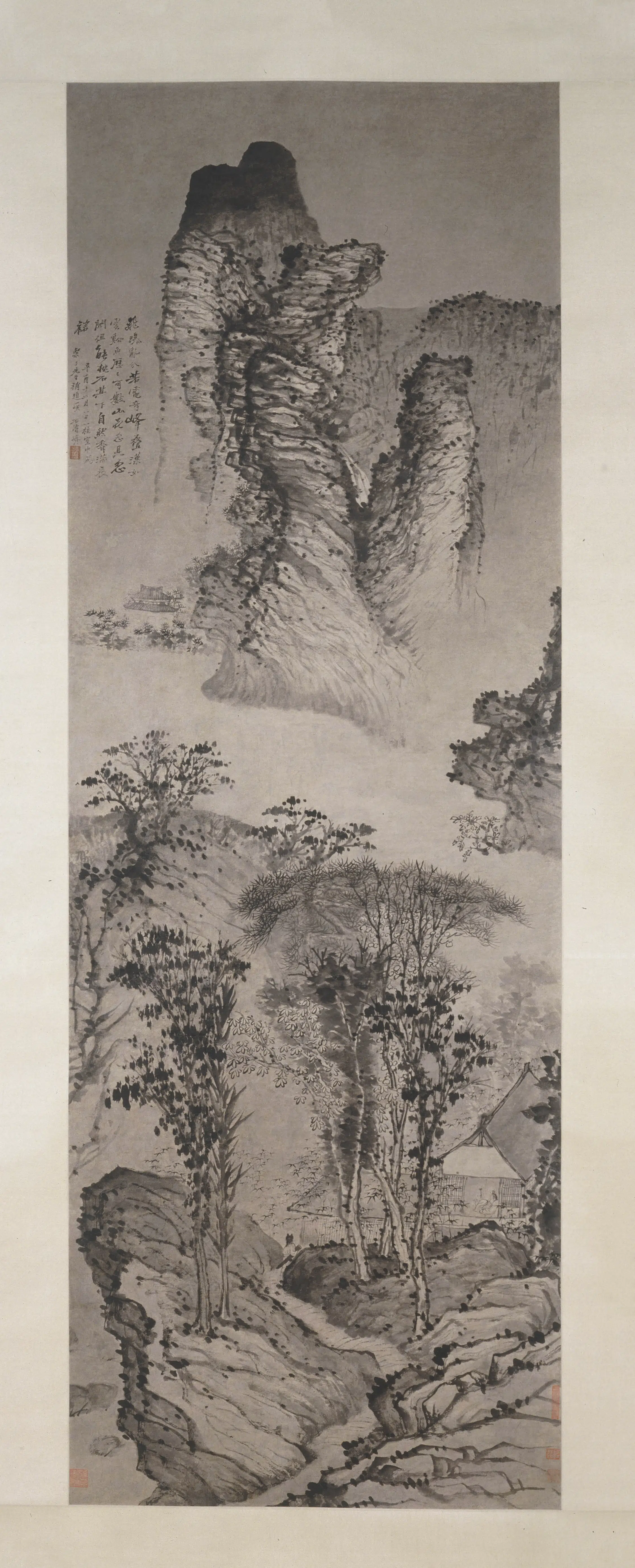 清代【石涛】《山窗研读图轴》