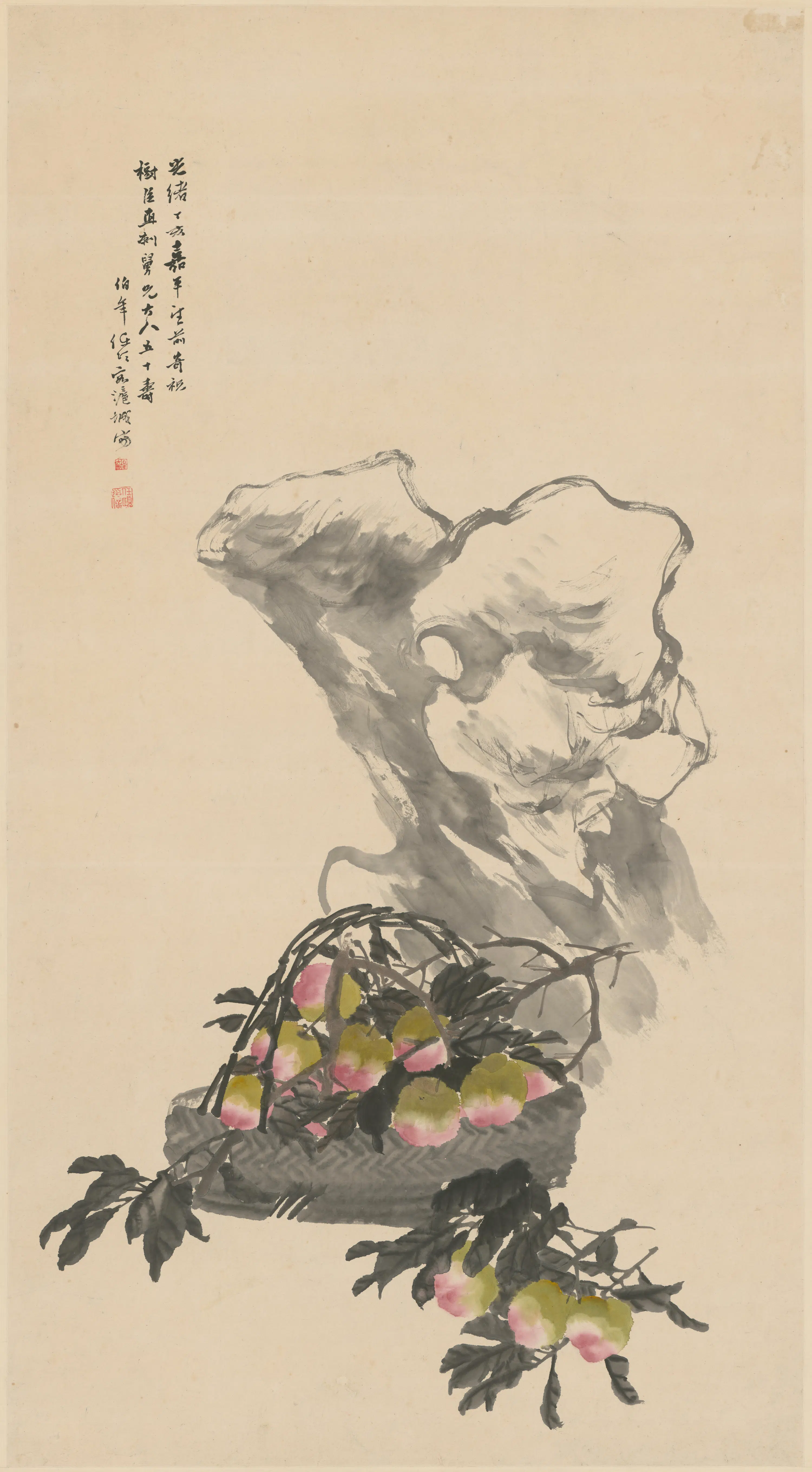 清代【任颐】《桃石图轴》
