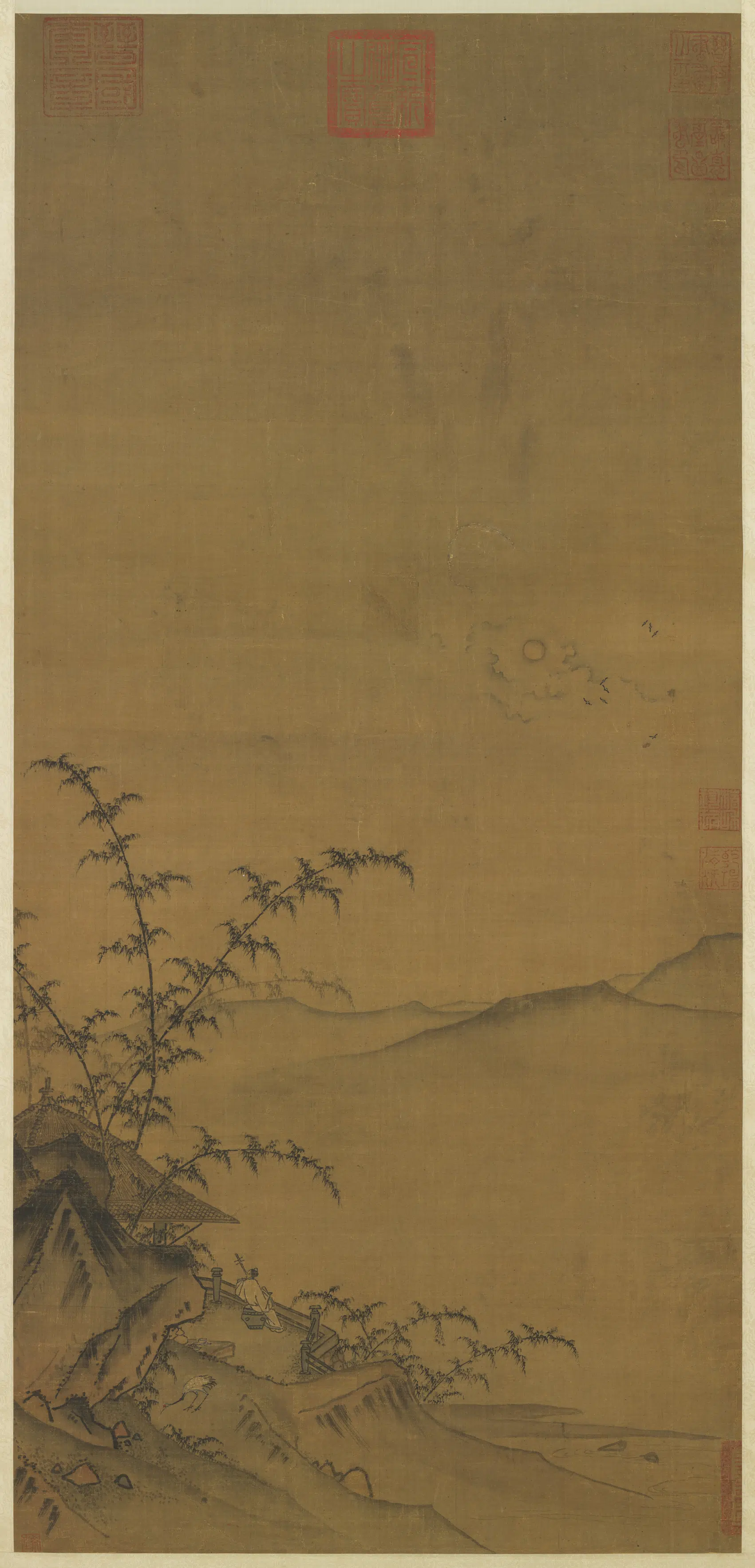 南宋【马远】《月夜拨阮图轴》