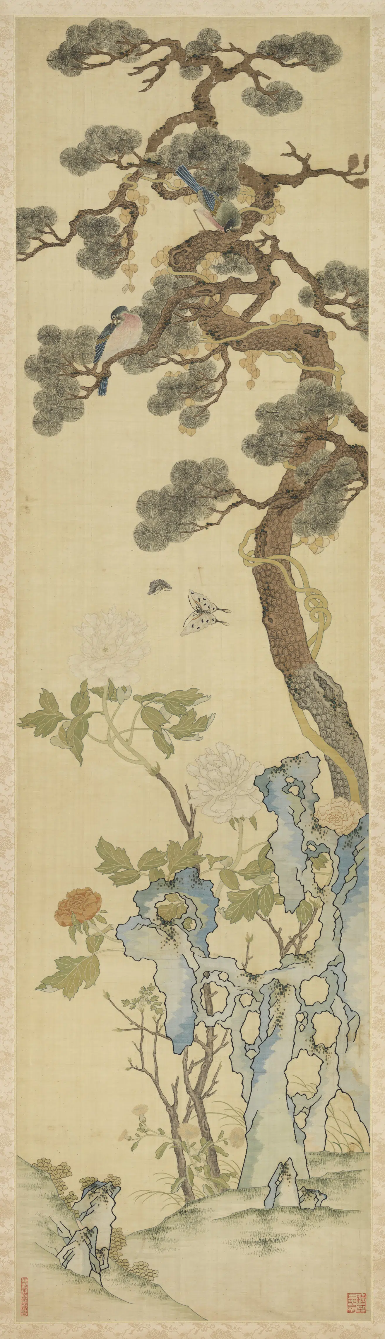 清代【爱新觉罗弘历-乾隆-清高宗】《乾隆缂丝花鸟宫屏图轴-1》