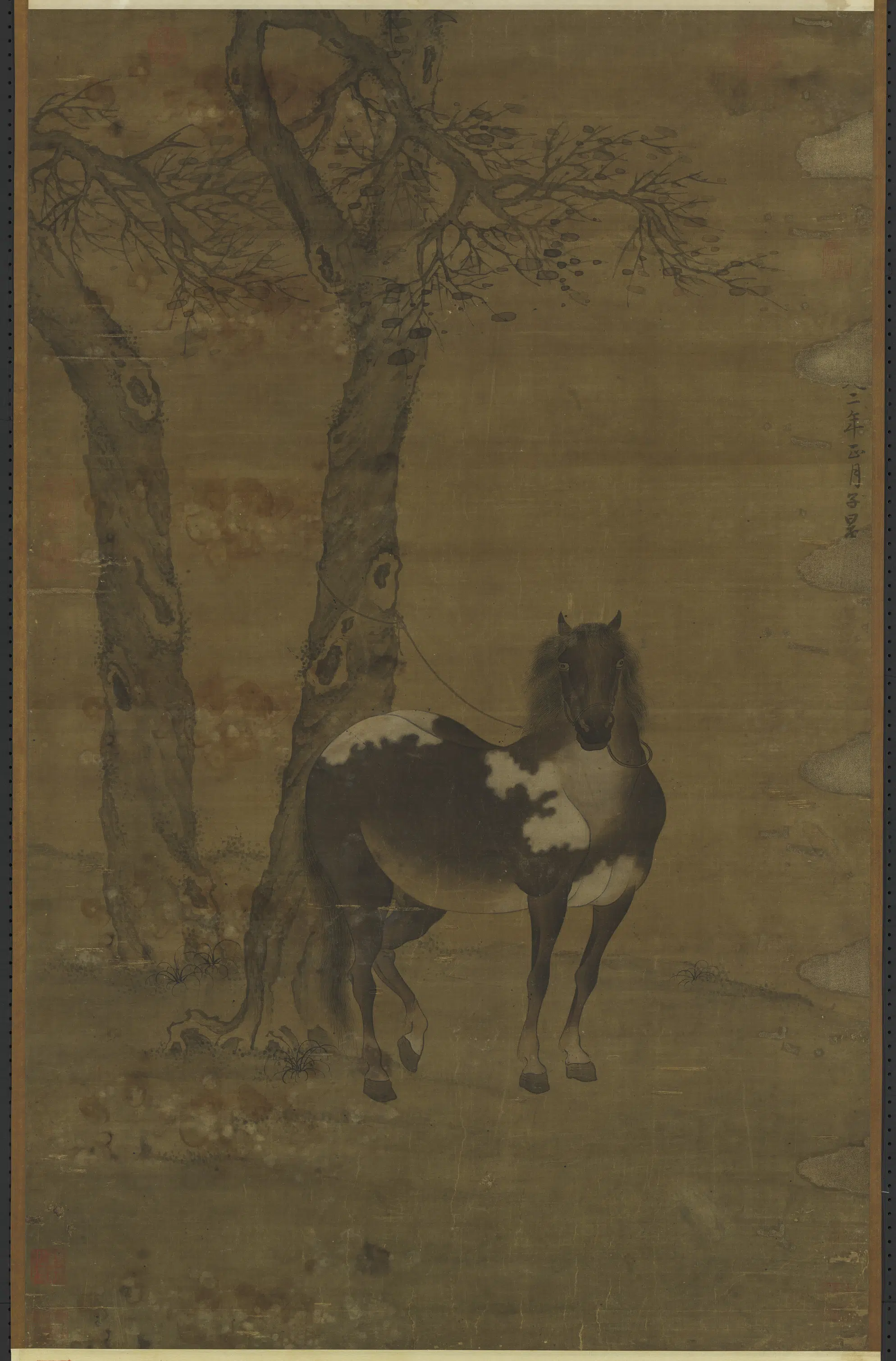 元朝【赵孟頫】《画霜柯系马图轴》