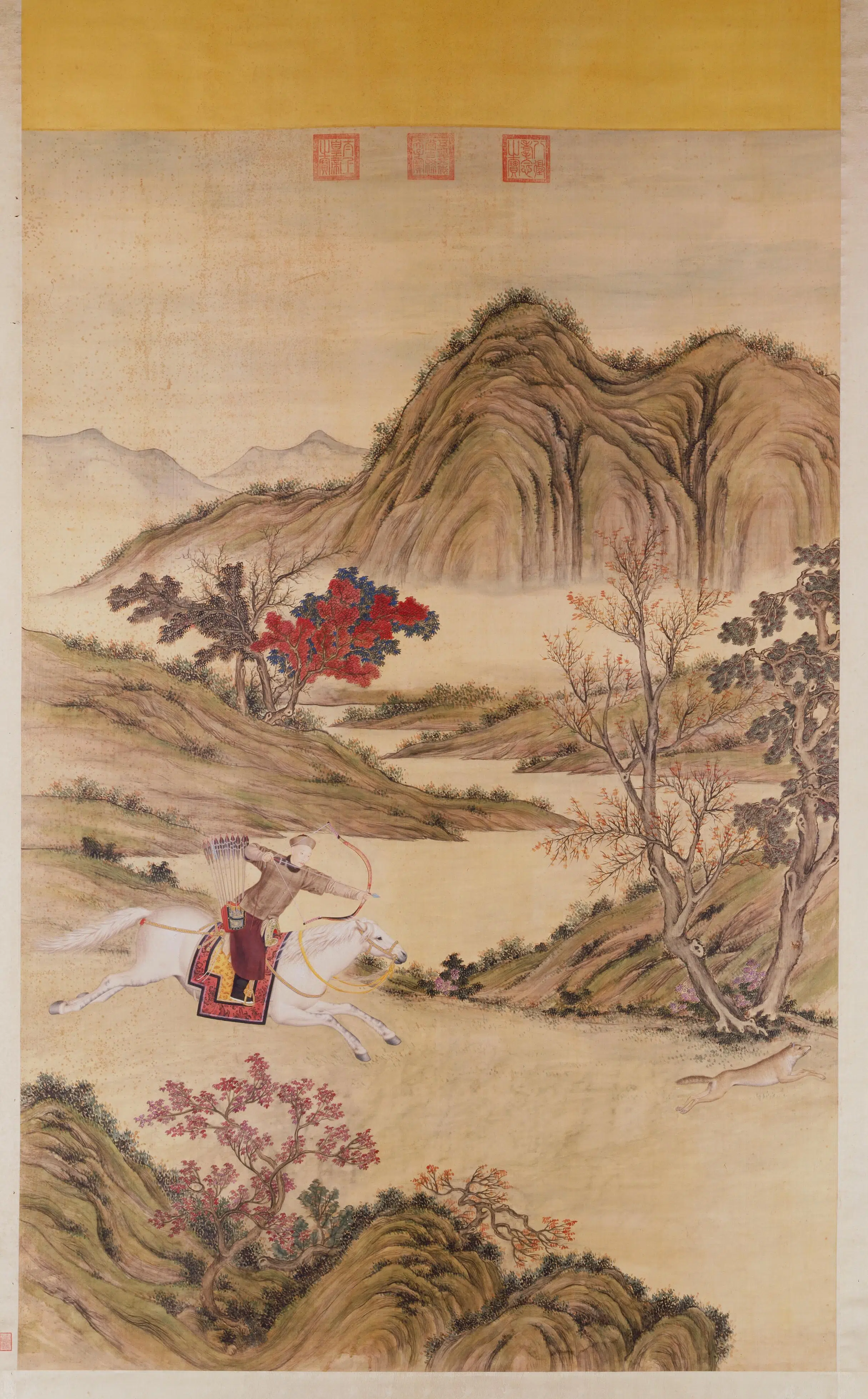 清代【郎世宁】《乾隆皇帝射狼图轴》
