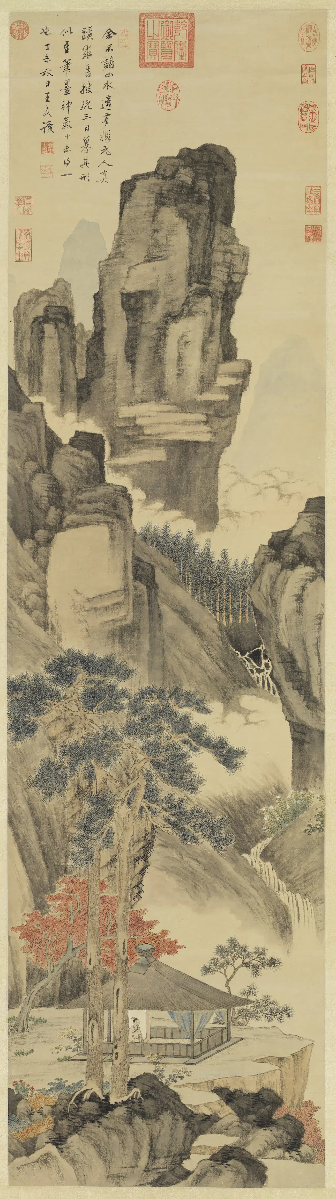 清代【王武】《仿元人溪亭对菊图轴》