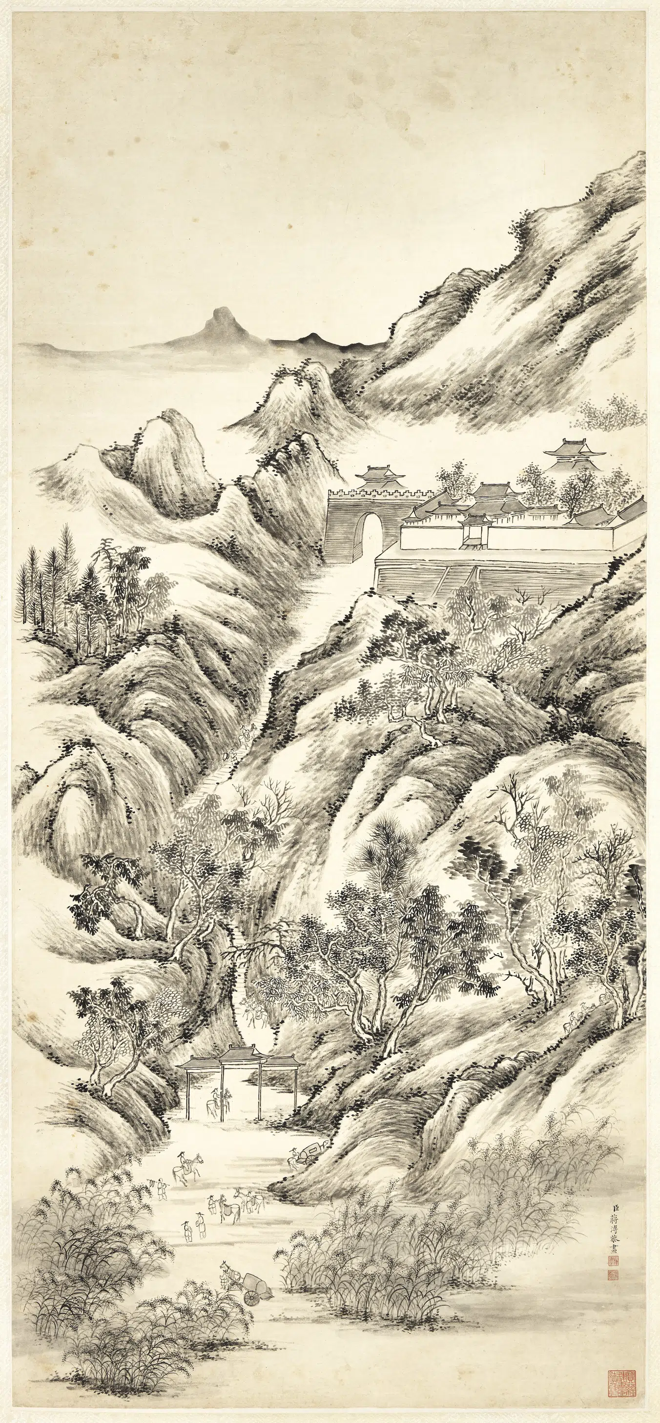 清代【蒋溥】《秋山行旅图轴》