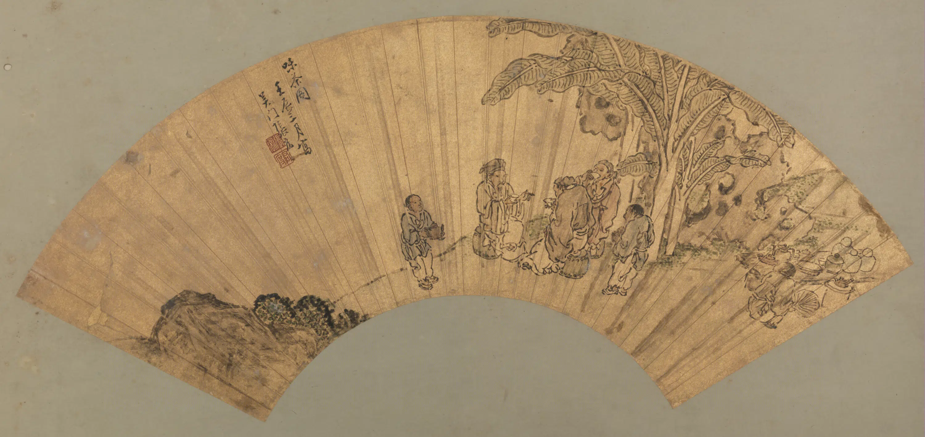 明朝【张宏】《蕉荫味茶扇》