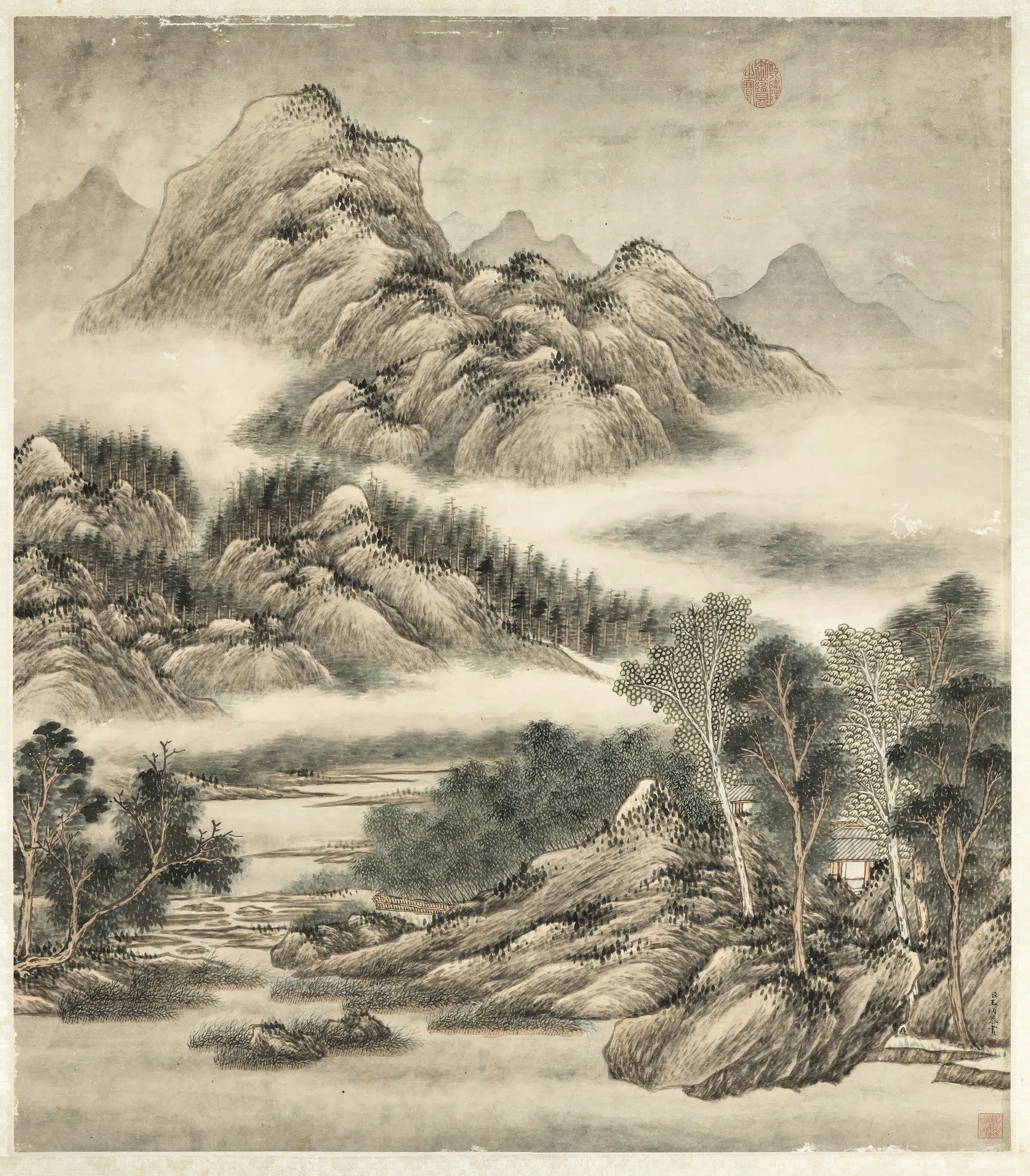 清代【王炳】《云峰烟树图轴》