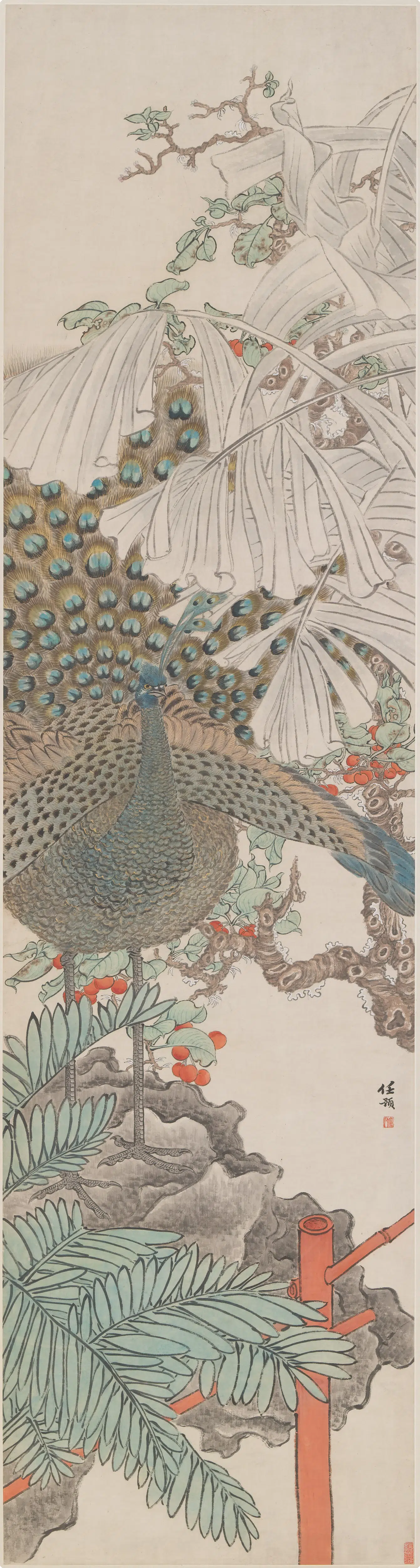 清代【任预】《孔雀蕉石图轴》