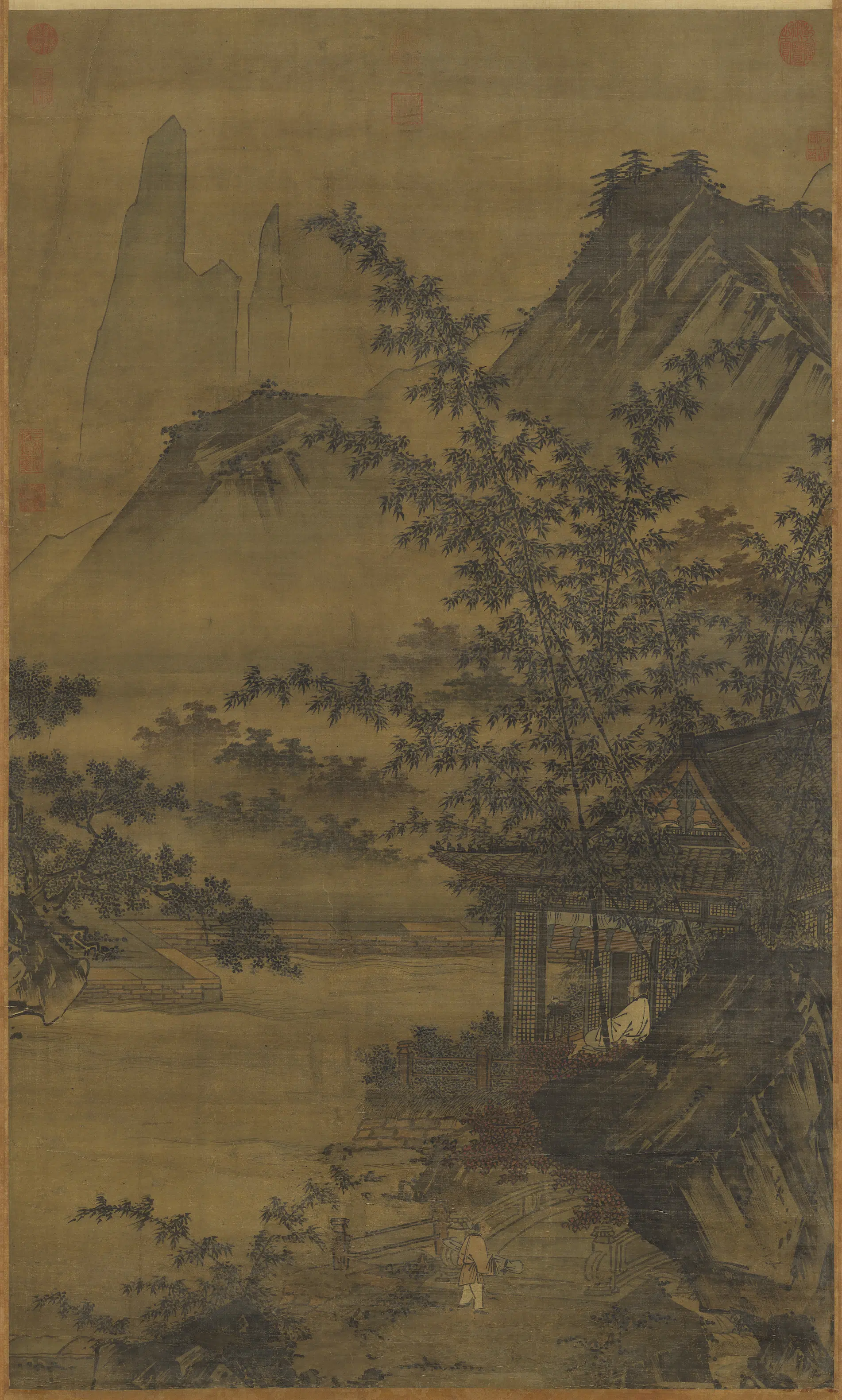 宋代《宋人水亭琴兴图轴》