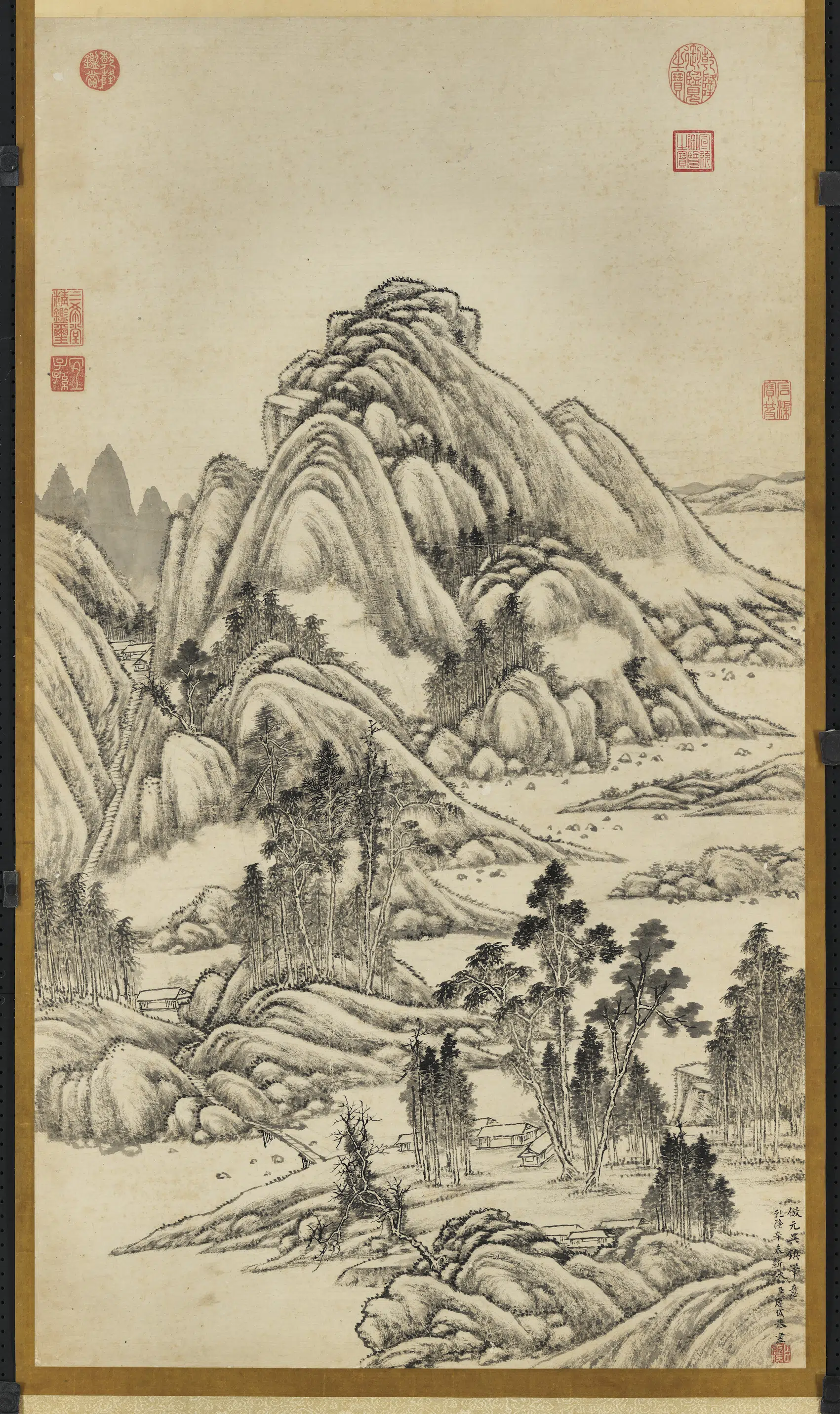 清代【唐岱】《仿吴镇画山水图轴》