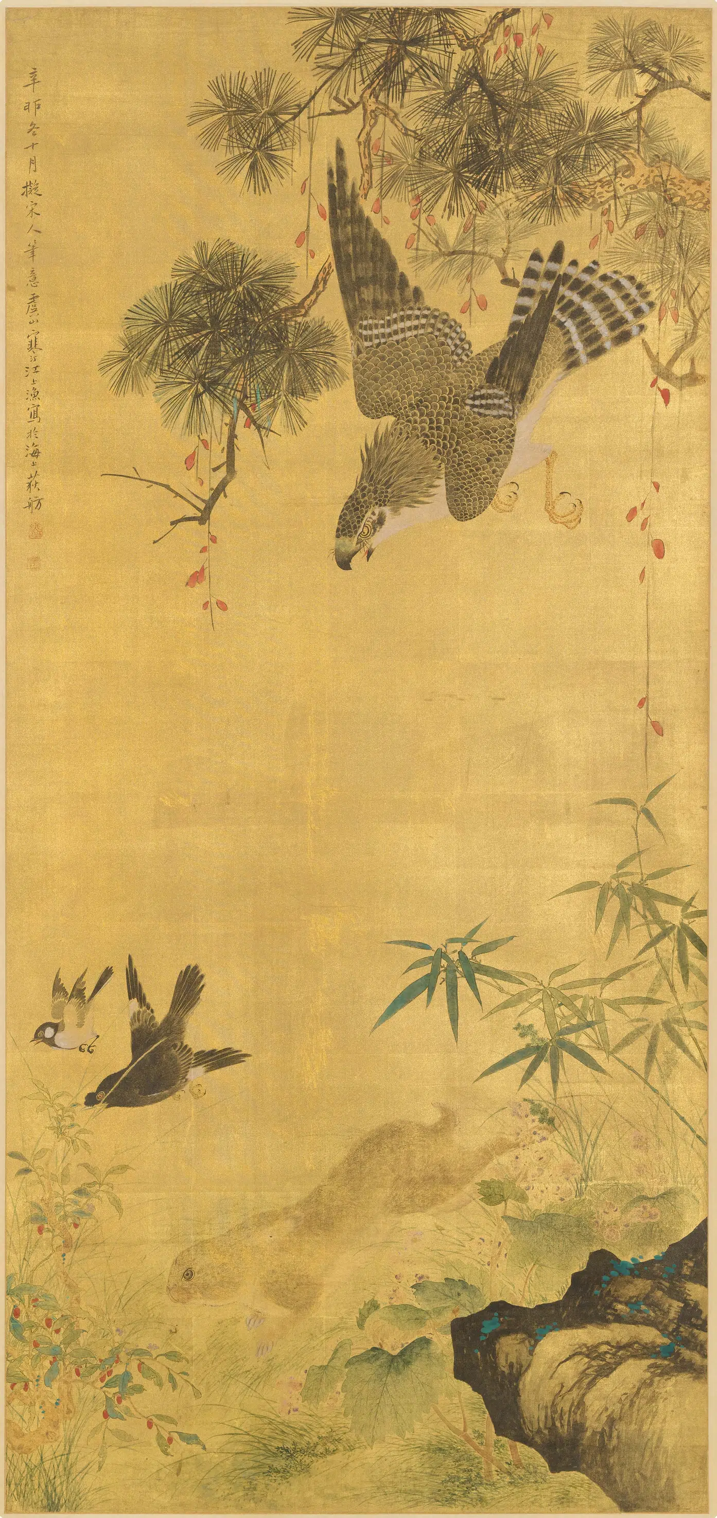 近现代【江寒汀】《飞鹰走禽图轴》
