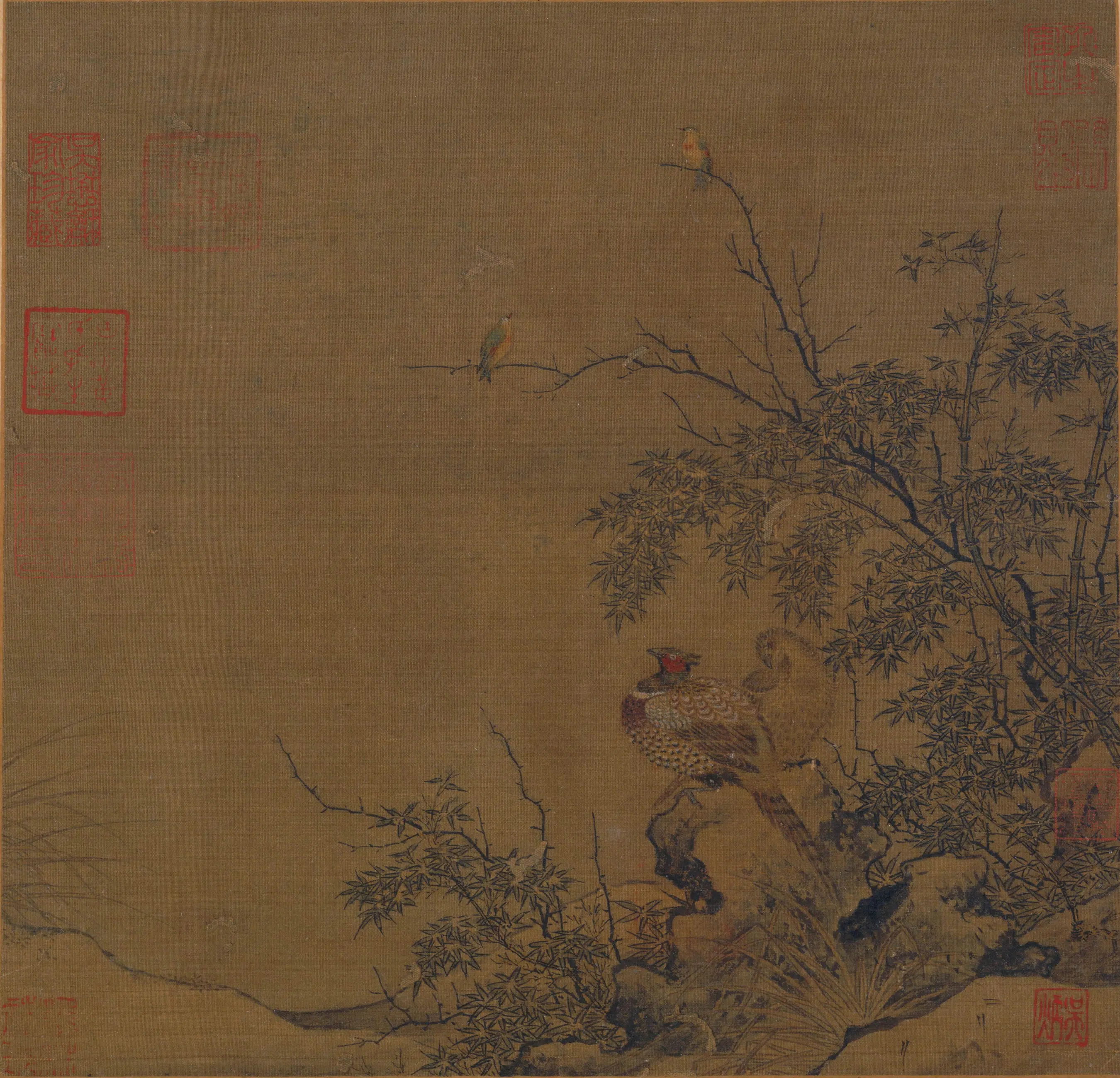 南宋【佚名】《锦雉竹雀图页》