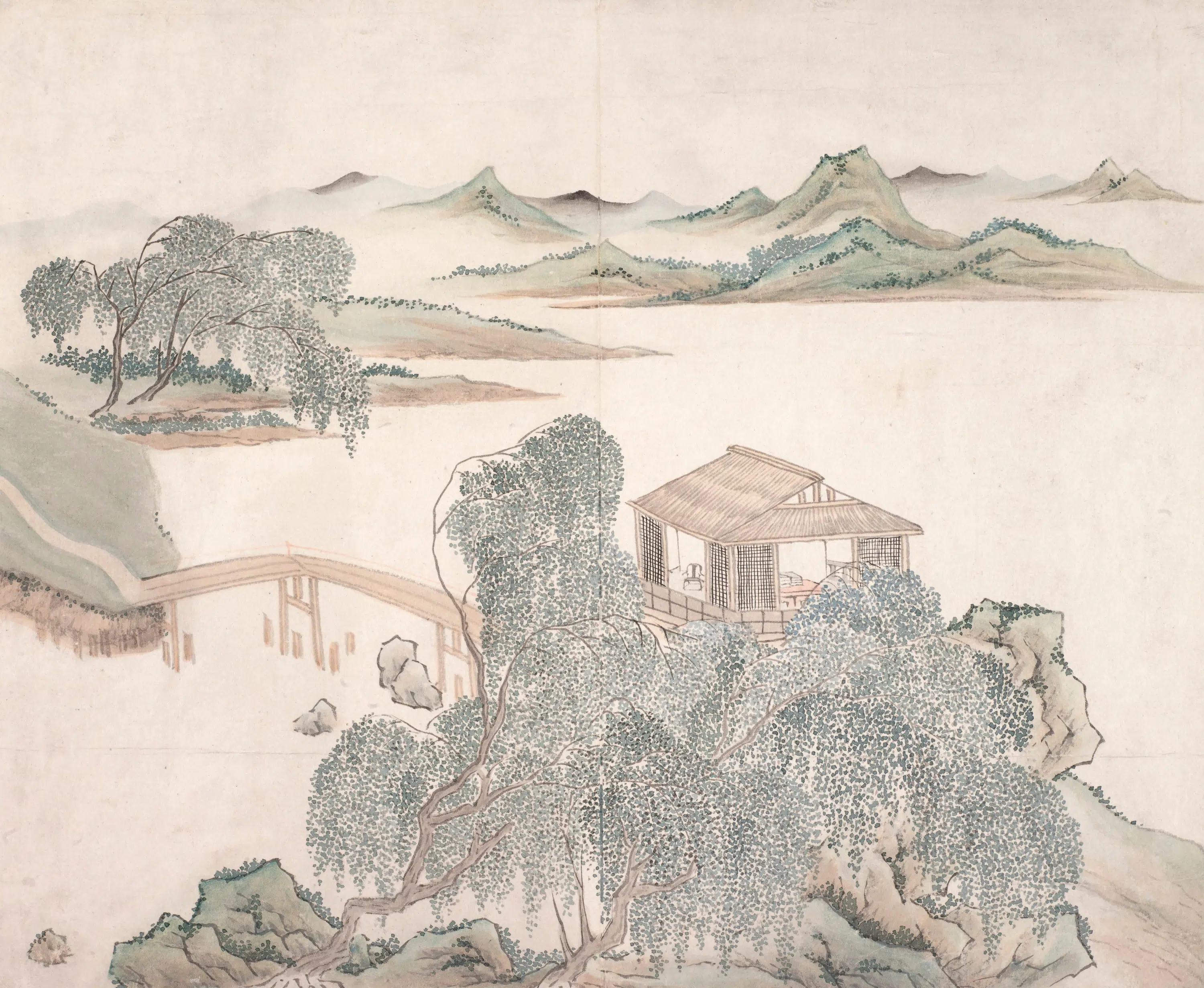 清代【周莲】《柳桥亭榭图》