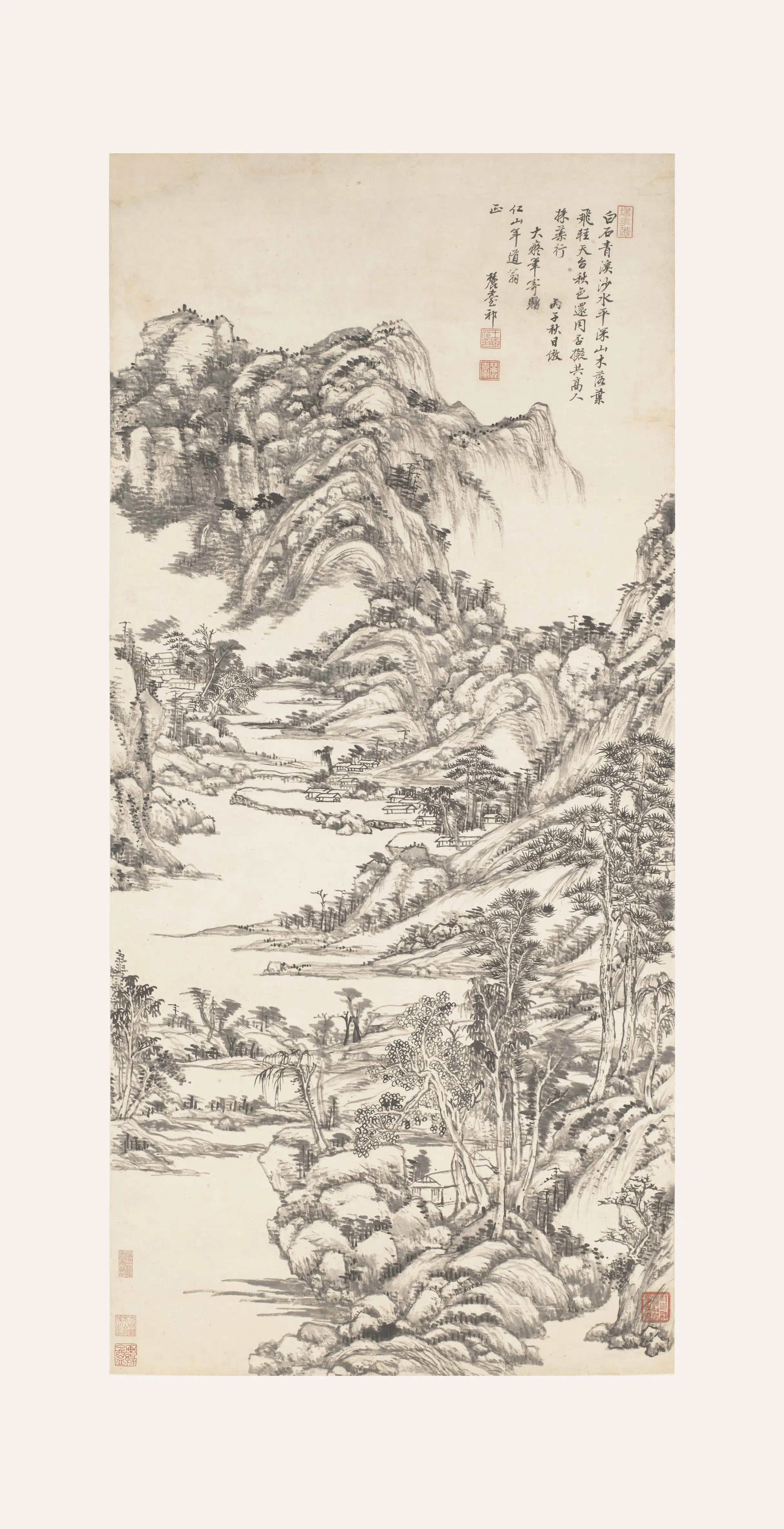 清代【王原祁】《仿大痴白石青溪图轴》