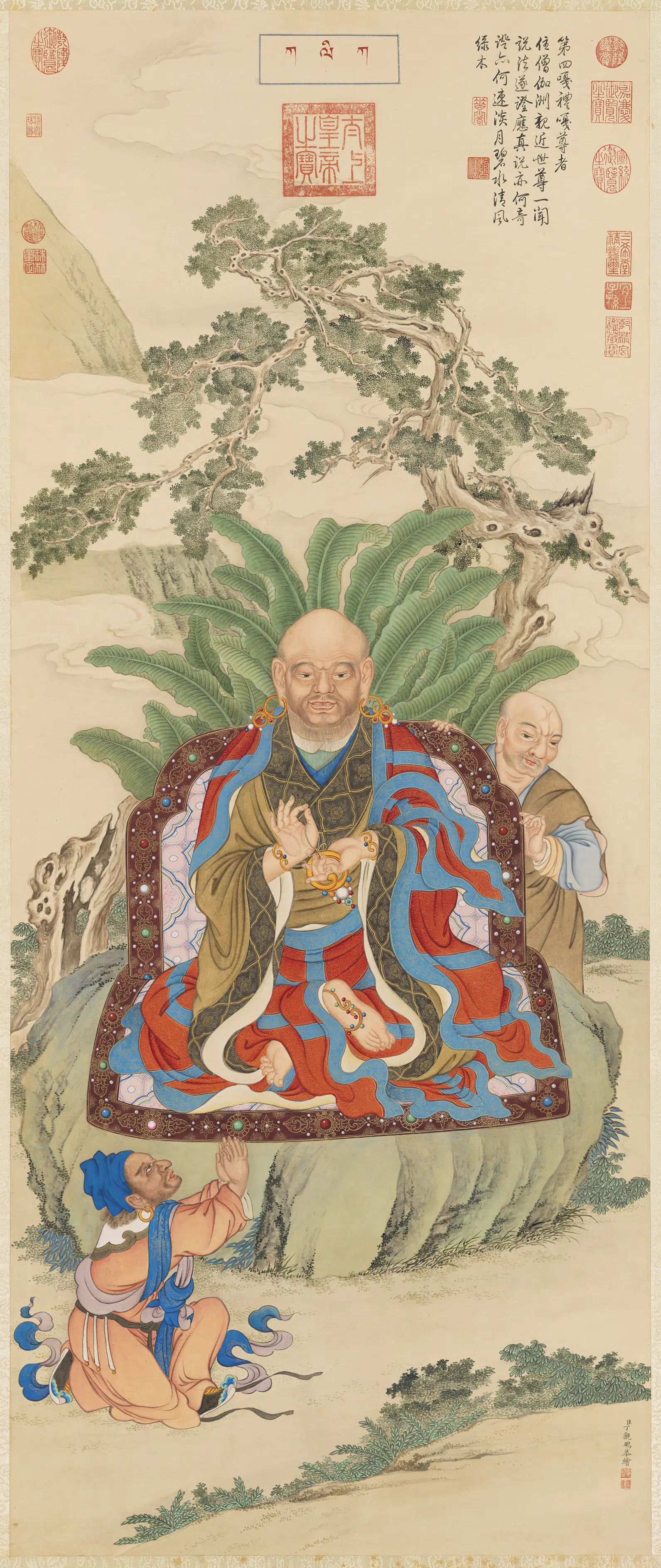 清代【丁观鹏】《十六应真像（四）第四嘎礼嘎尊者图轴》