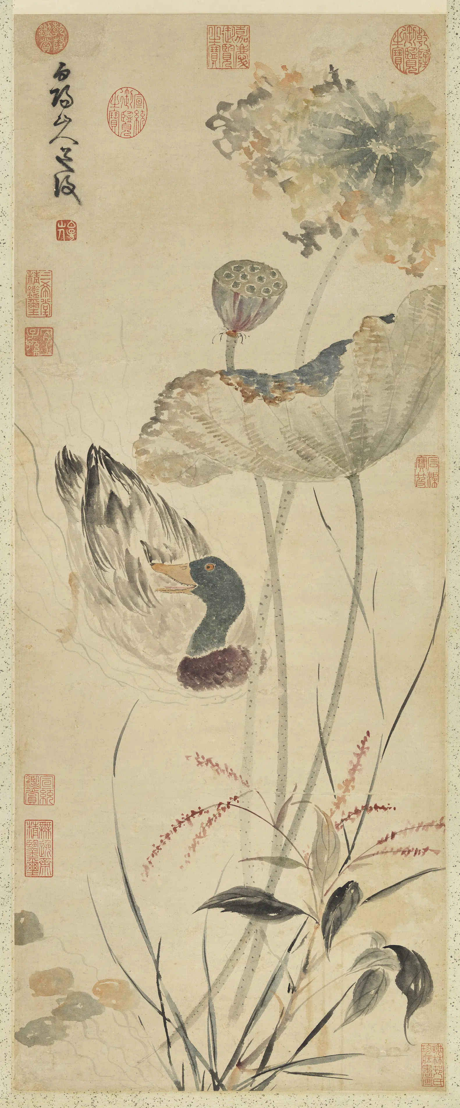明朝【陈淳（道复）】《秋塘花鸭图轴》