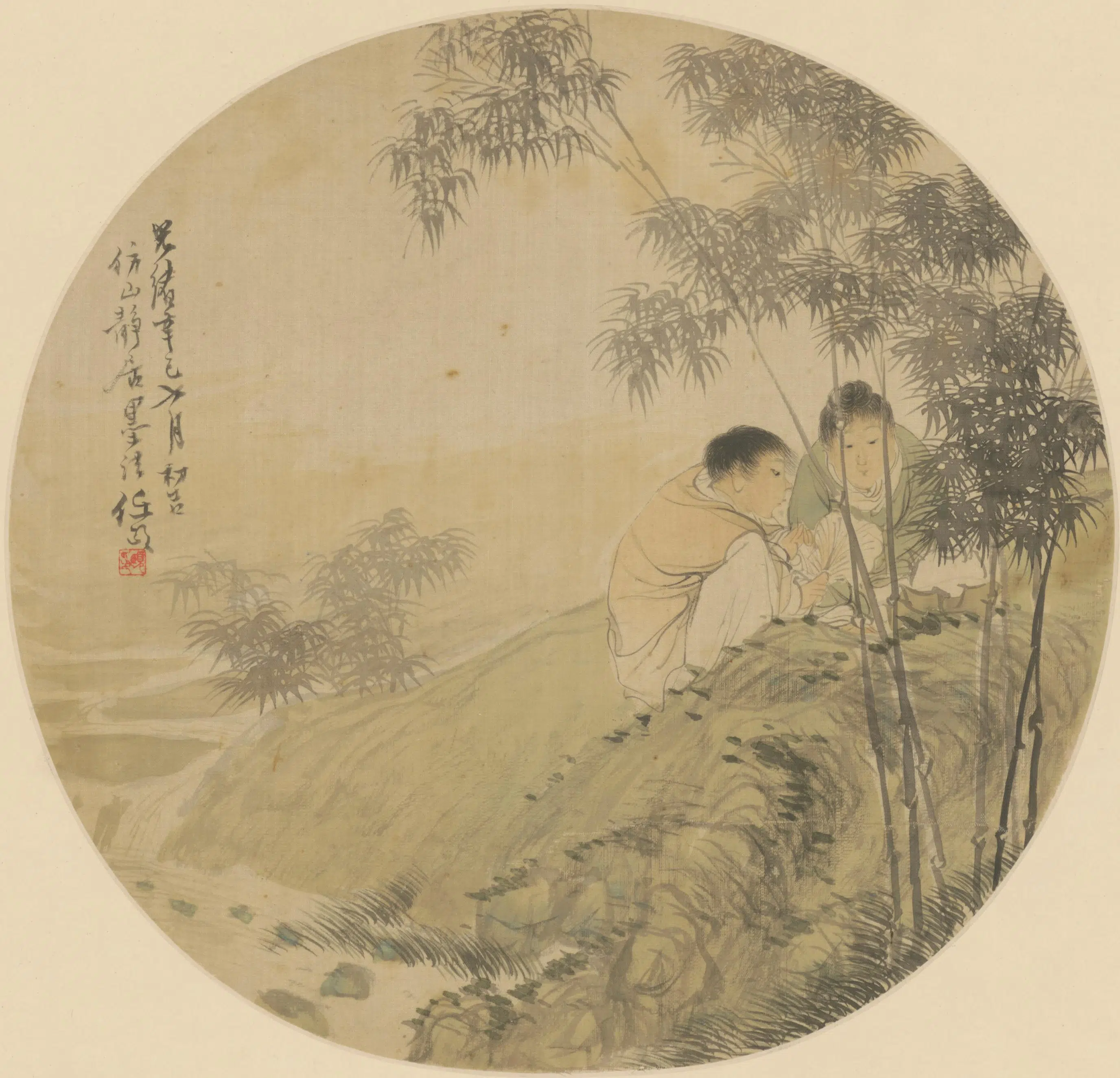 清代【任颐】《竹涧烹茶图团扇》