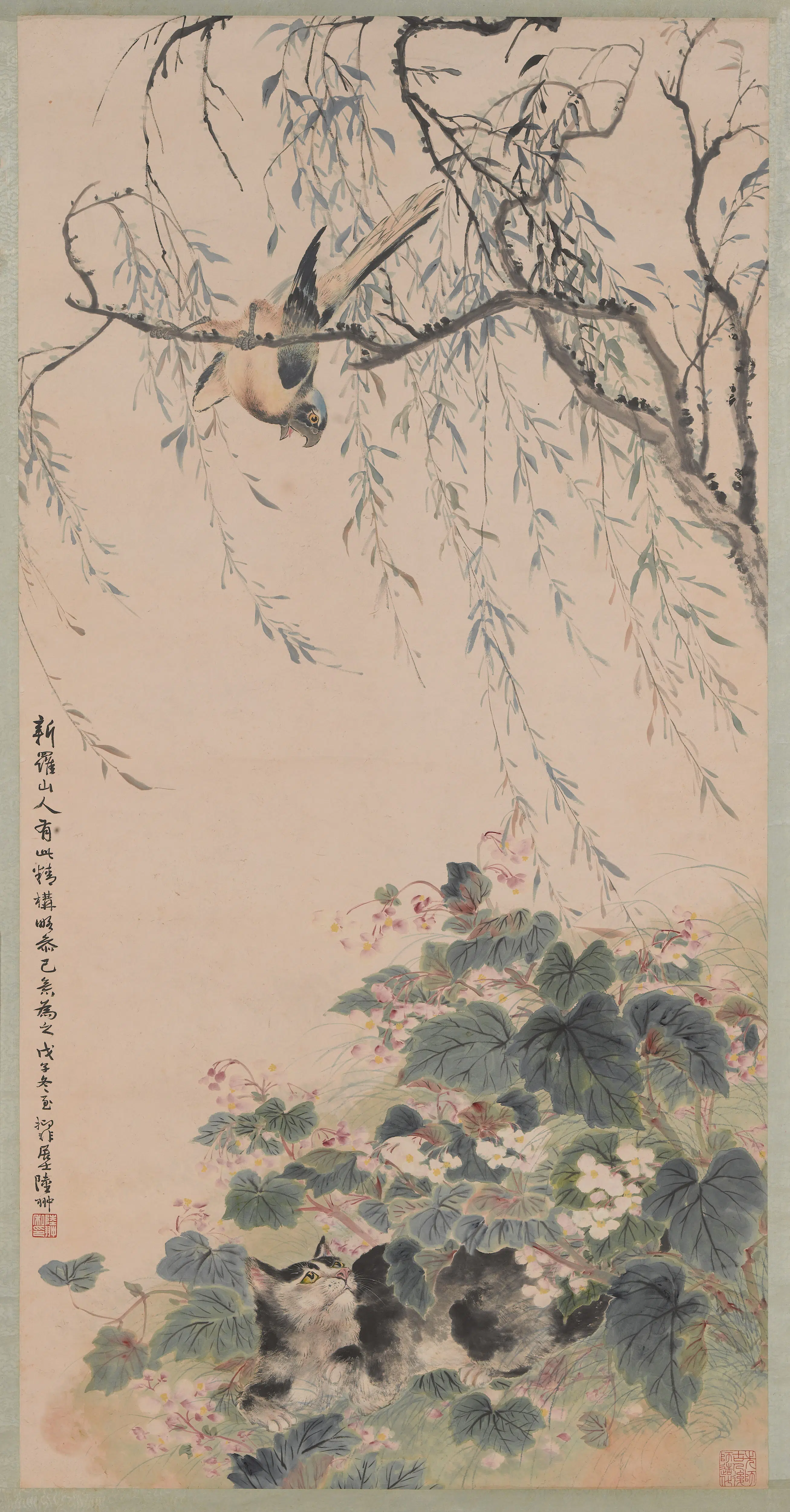 近现代【陆抑非】《仿华嵒柳鹊花鸟图轴》