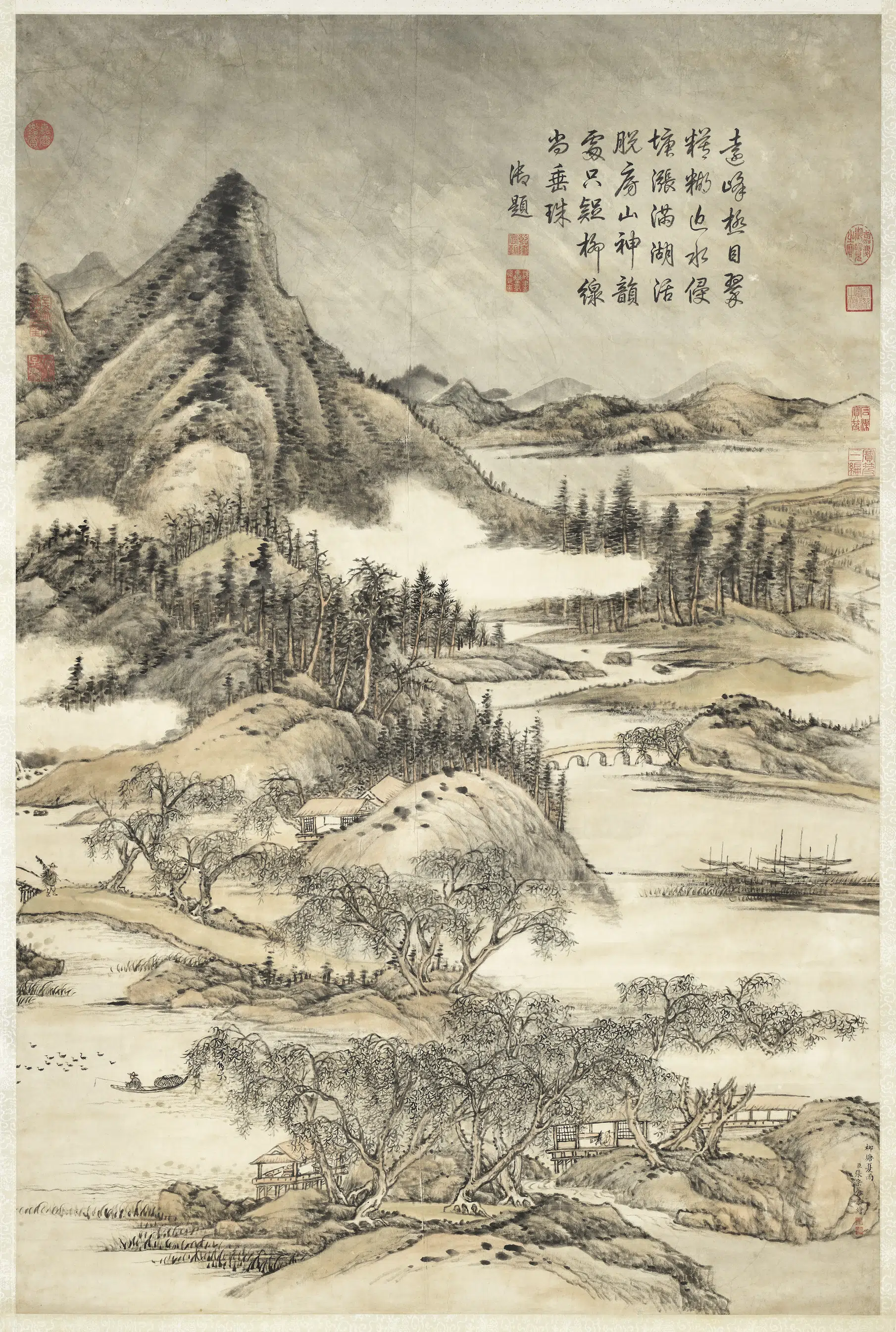 清代【张宗苍】《柳塘夏雨高宗御题图轴》