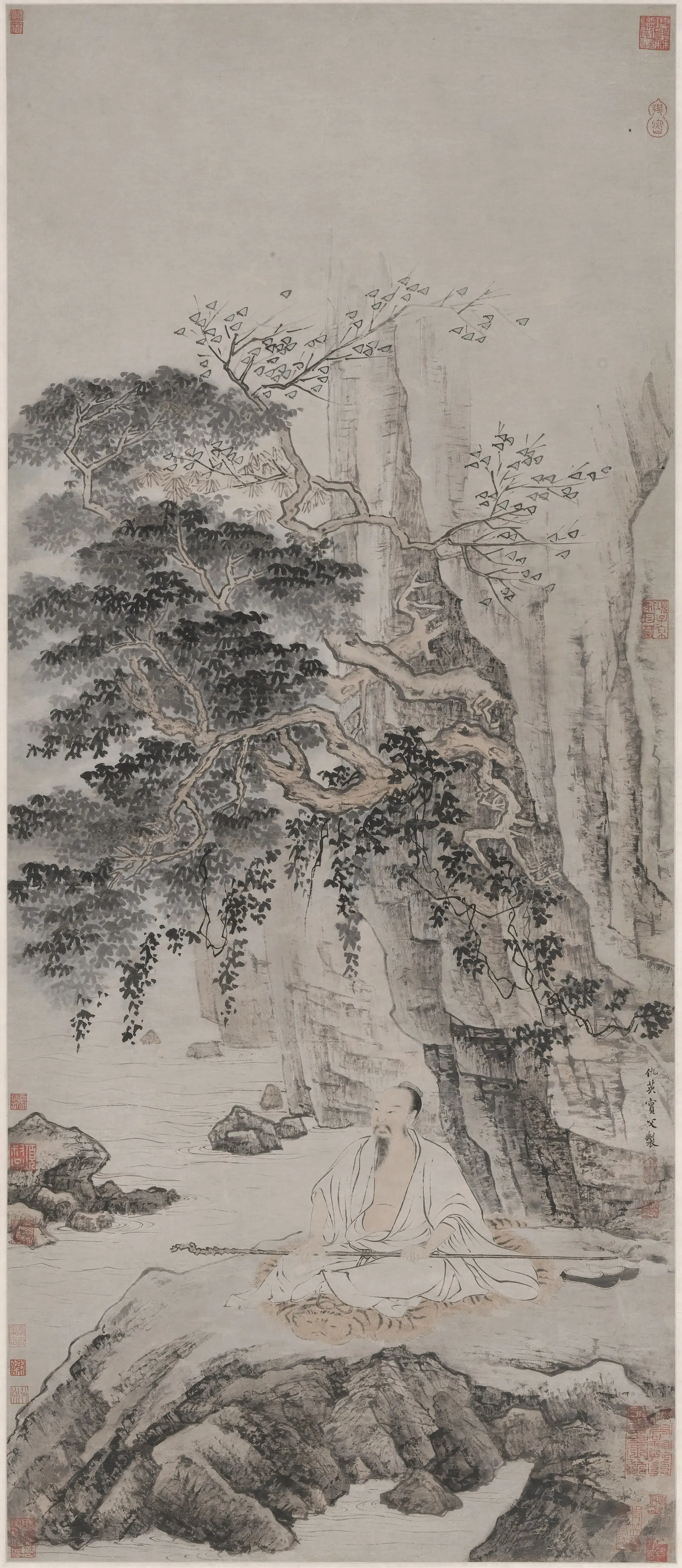 明朝【仇英】《山下趺坐图轴》