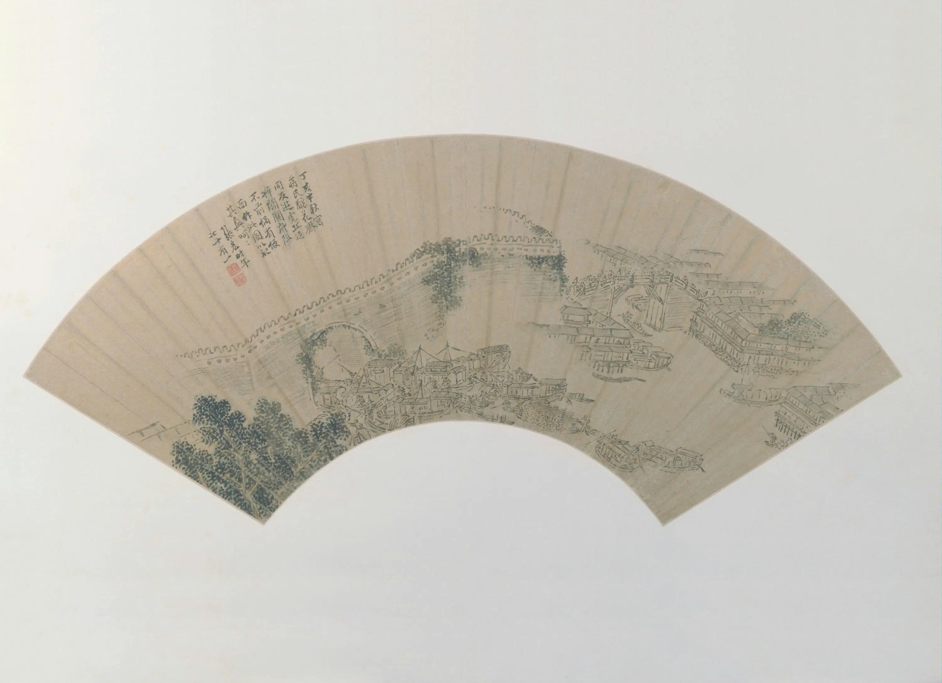 明朝【张宏】《阊门舟阻图扇页》 第1张
