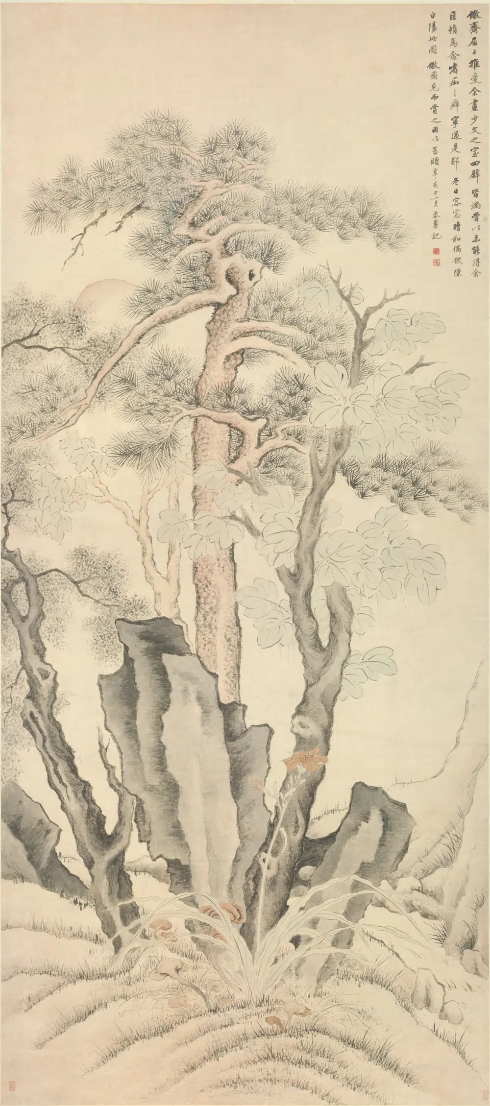 清代【潘恭寿】《松柏晤桐图轴》