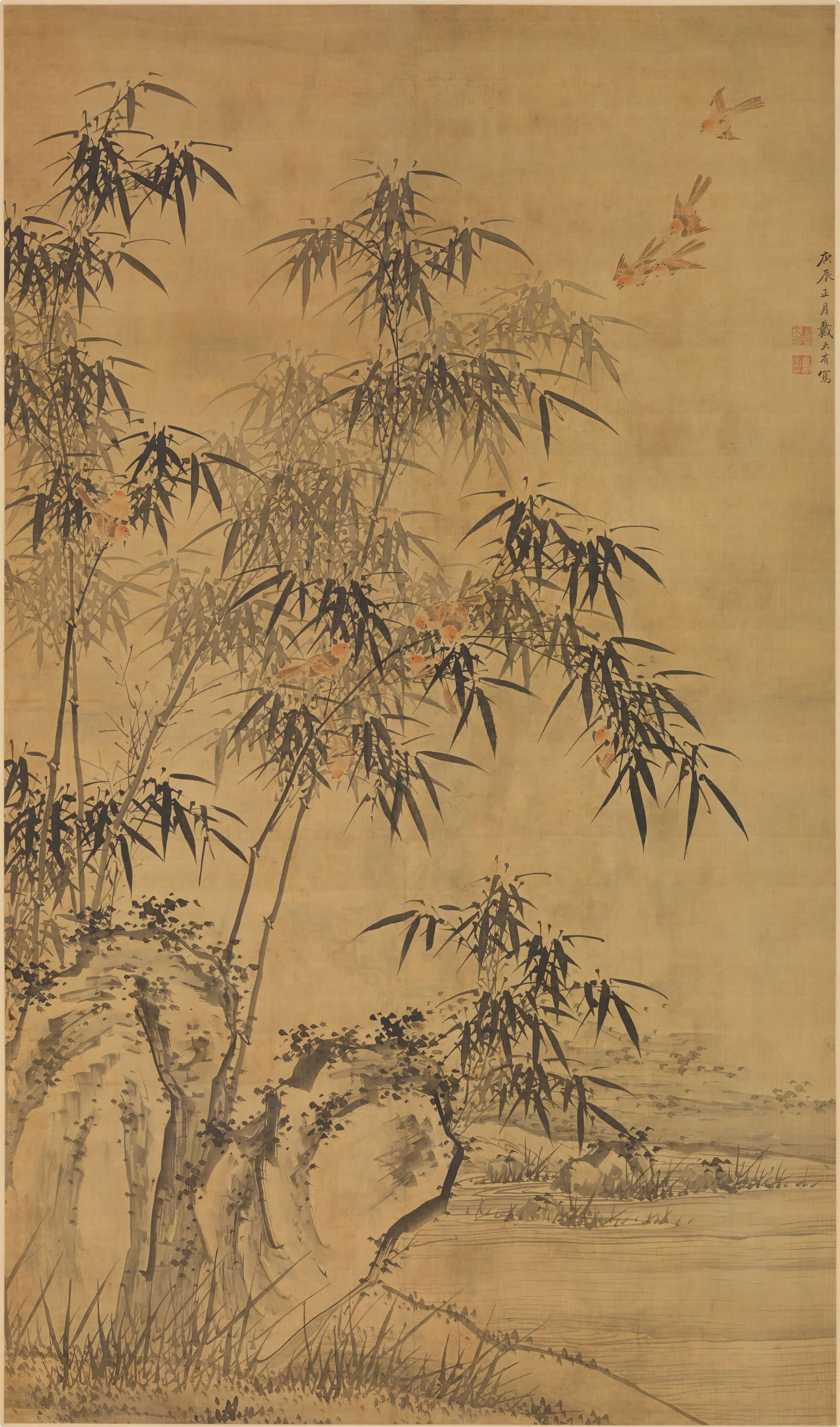 清代【戴大有】《竹雀图轴》
