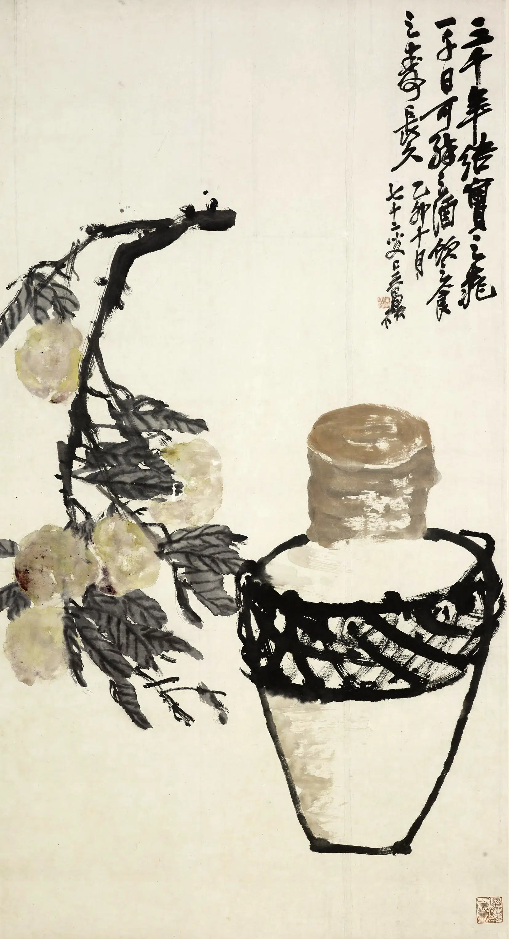 清代【吴昌硕】《酒坛蟠桃图轴》 第1张 清代【吴昌硕】《酒坛蟠桃图轴》 第1张